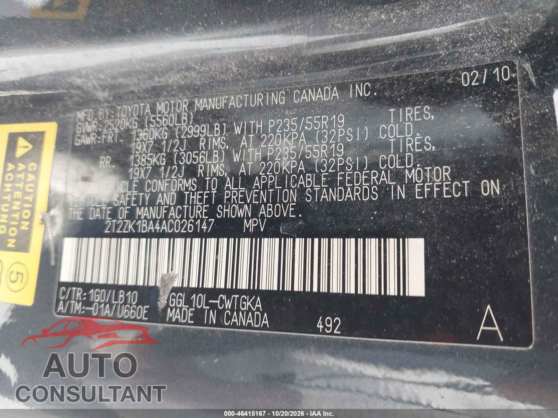 LEXUS RX 350 2010 - 2T2ZK1BA4AC026147