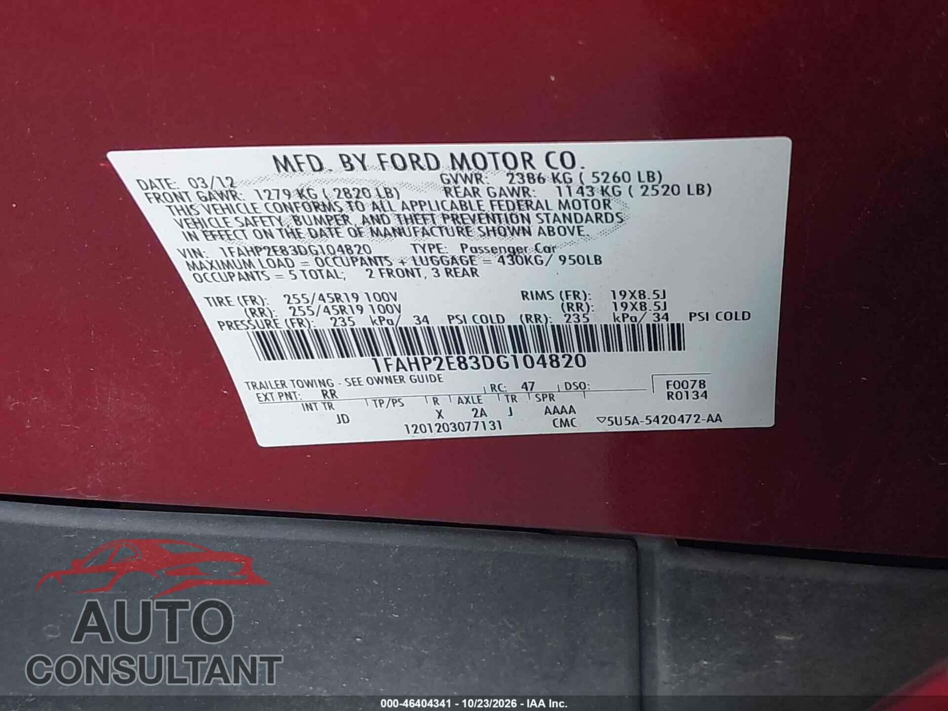 FORD TAURUS 2013 - 1FAHP2E83DG104820