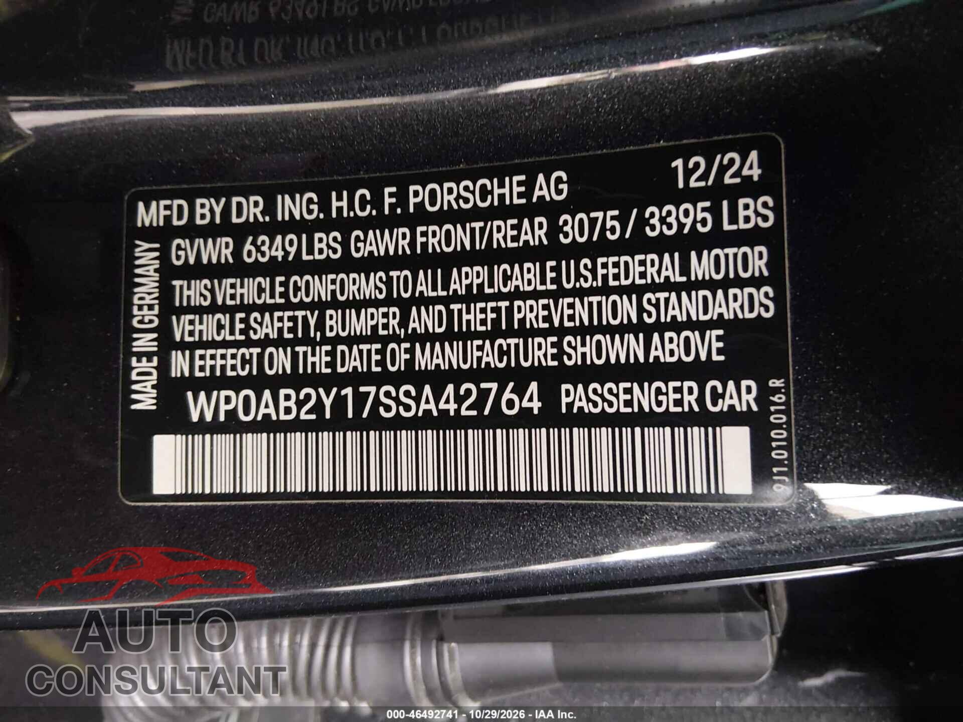PORSCHE TAYCAN 2025 - WP0AB2Y17SSA42764