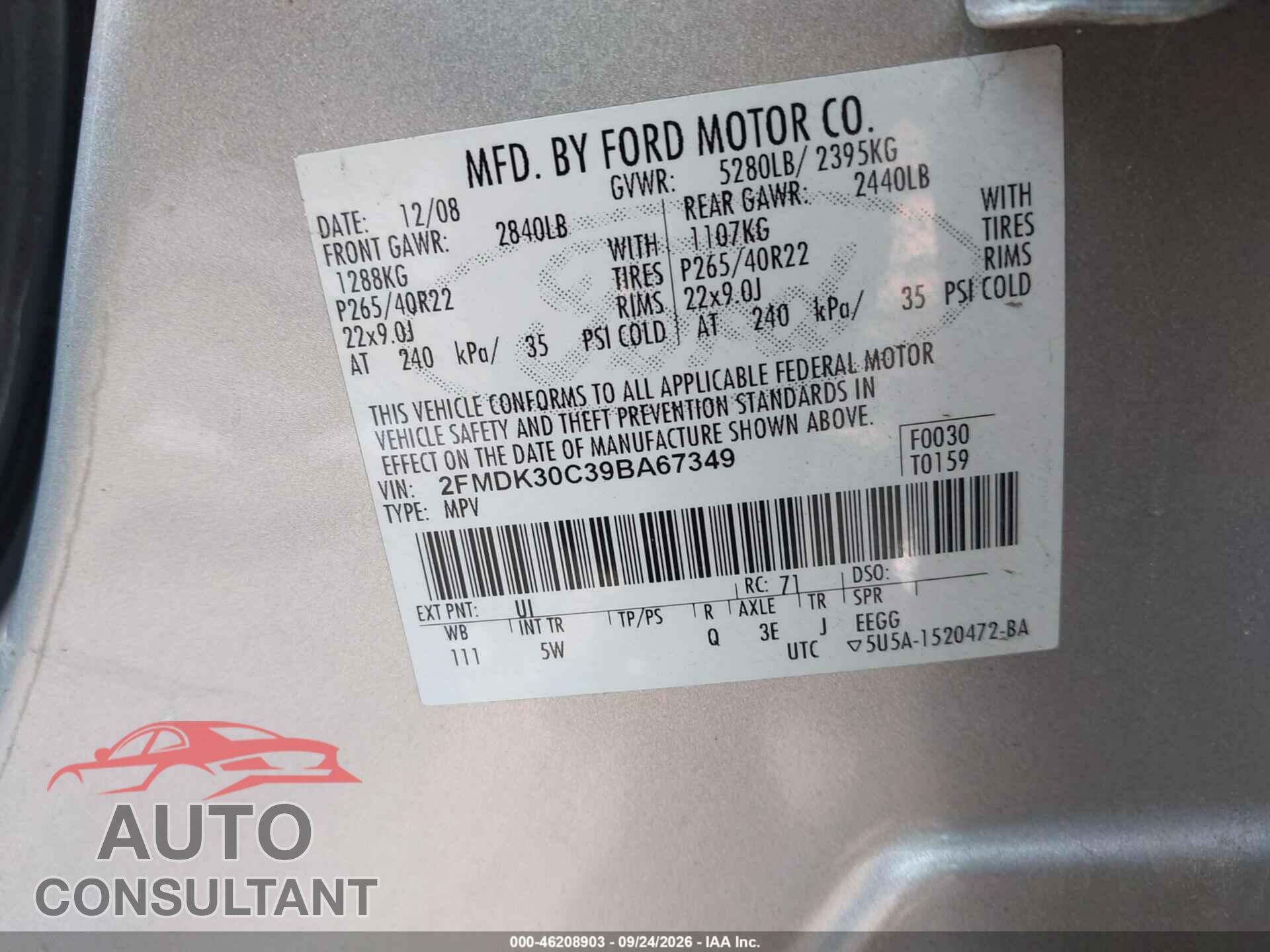 FORD EDGE 2009 - 2FMDK30C39BA67349
