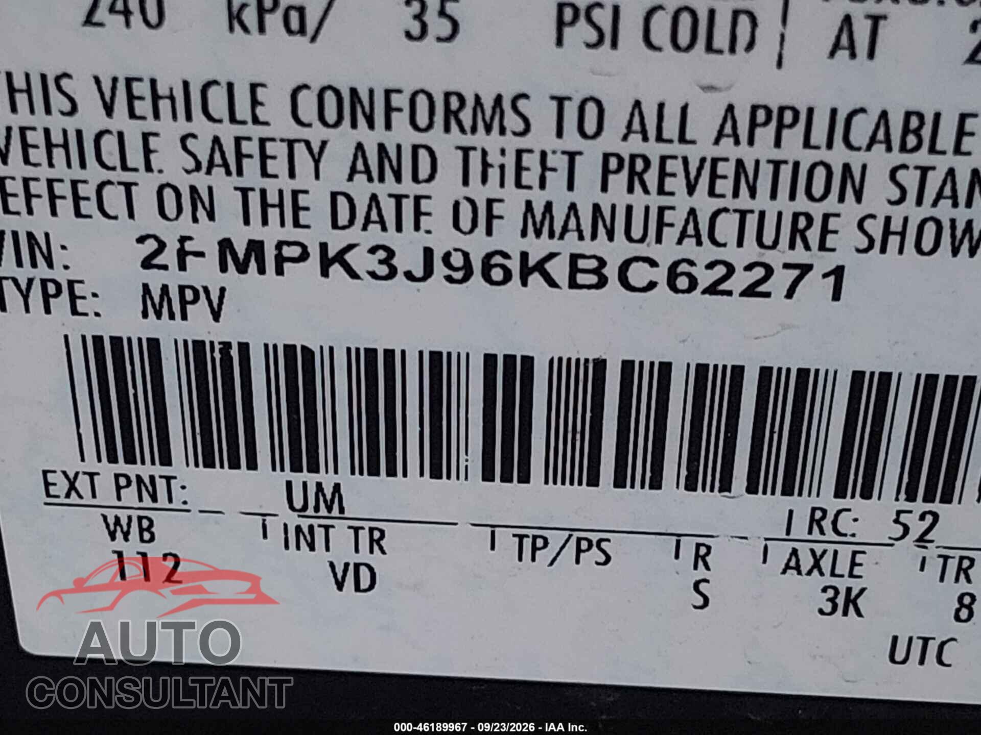 FORD EDGE 2019 - 2FMPK3J96KBC62271
