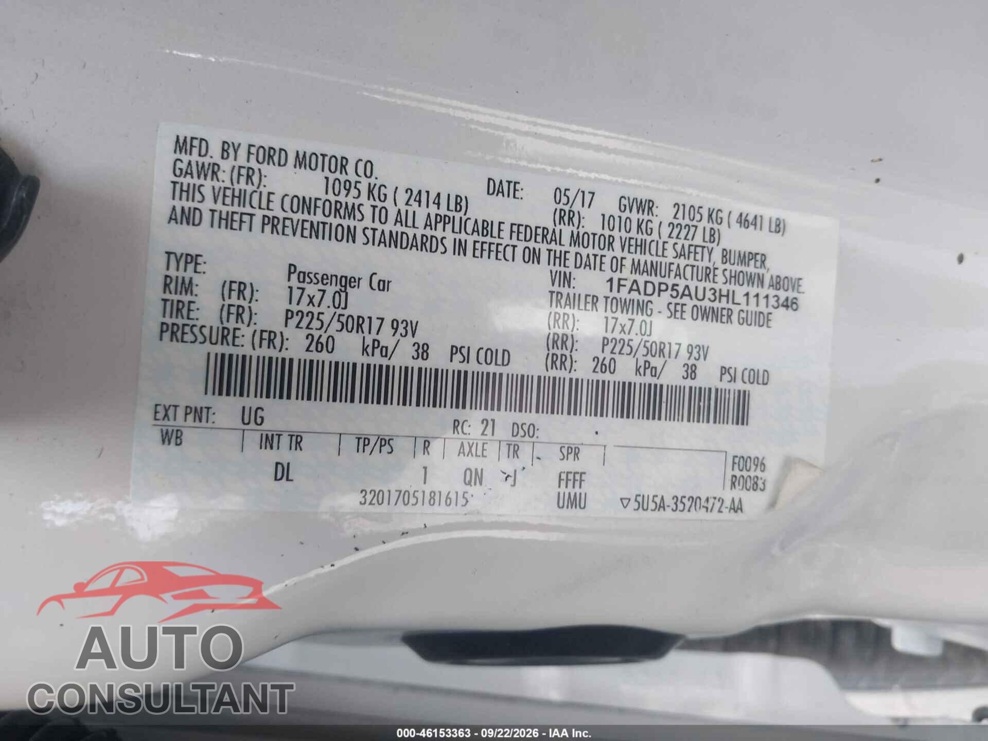 FORD C-MAX HYBRID 2017 - 1FADP5AU3HL111346