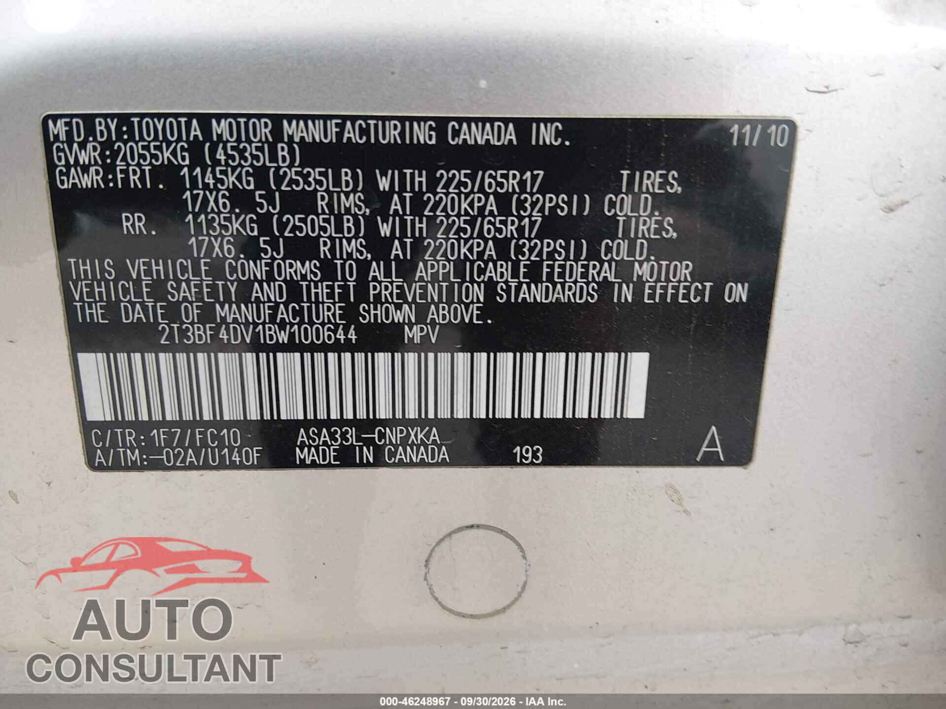 TOYOTA RAV4 2011 - 2T3BF4DV1BW100644