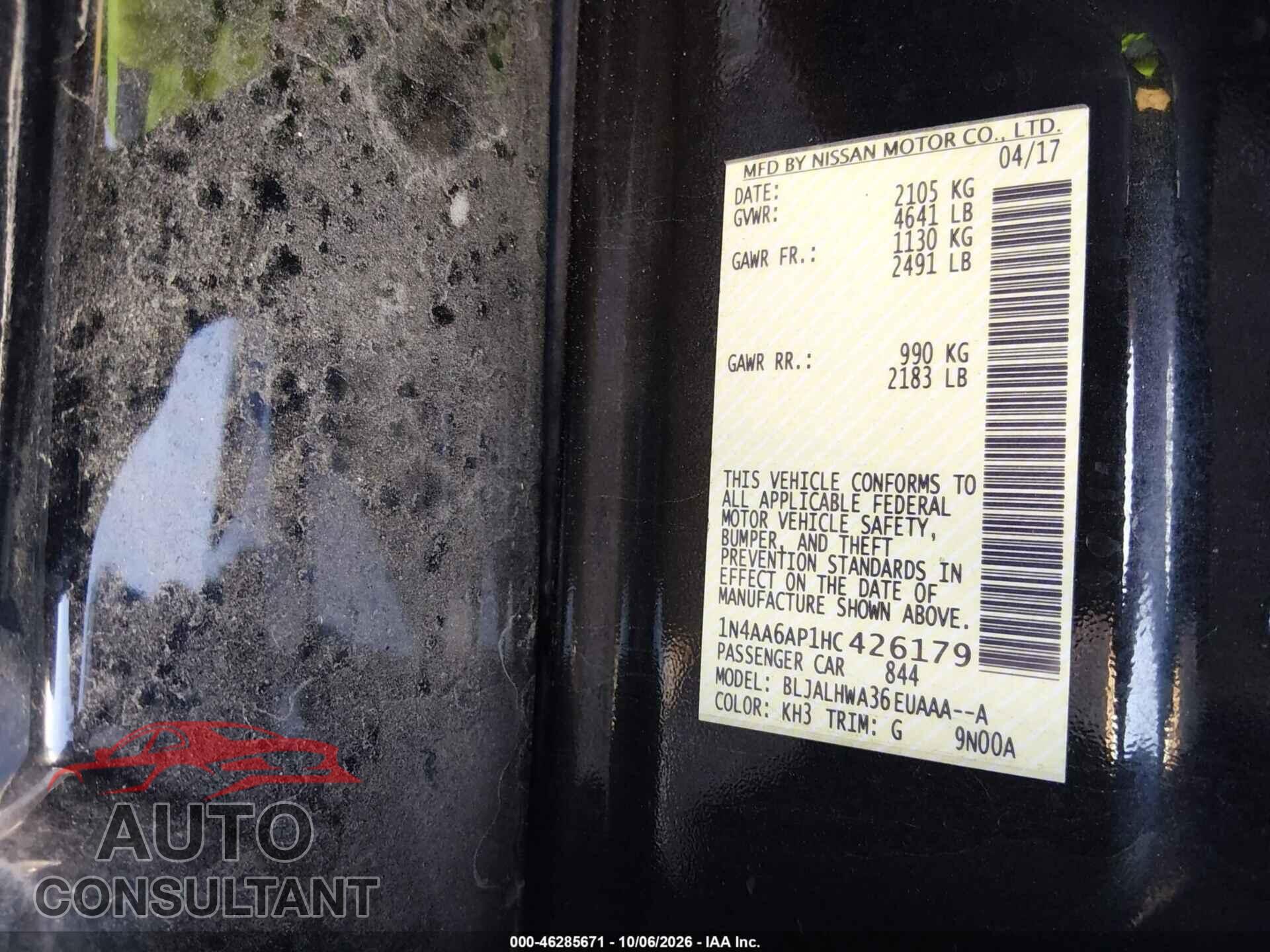 NISSAN MAXIMA 2017 - 1N4AA6AP1HC426179