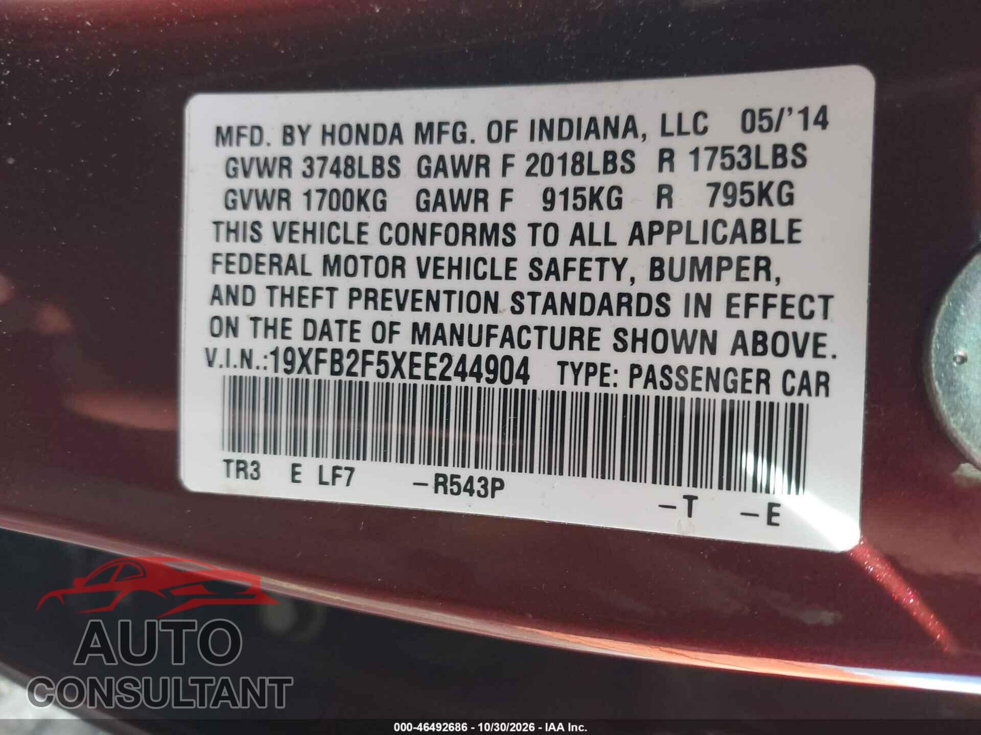 HONDA CIVIC 2014 - 19XFB2F5XEE244904