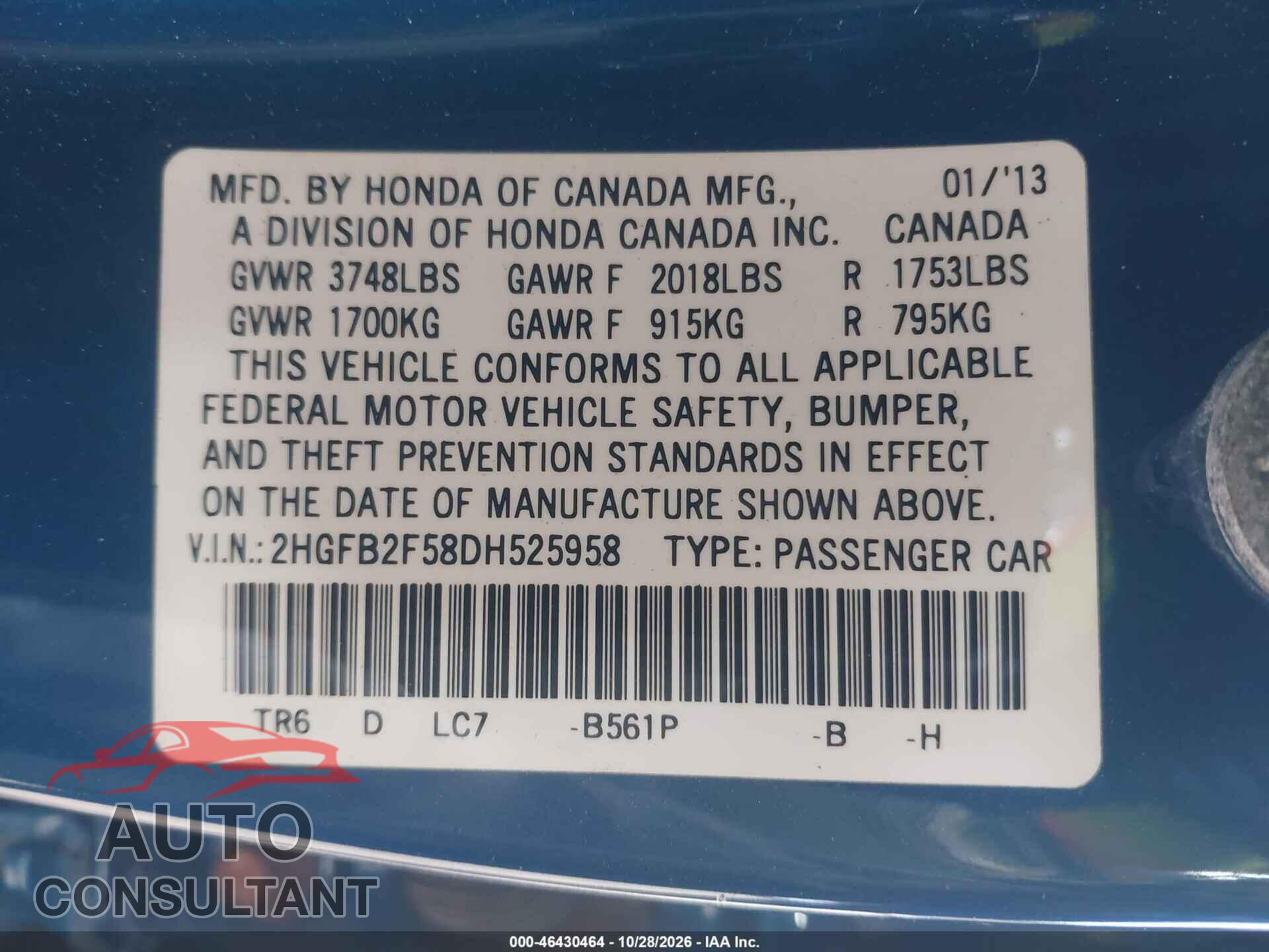HONDA CIVIC 2013 - 2HGFB2F58DH525958
