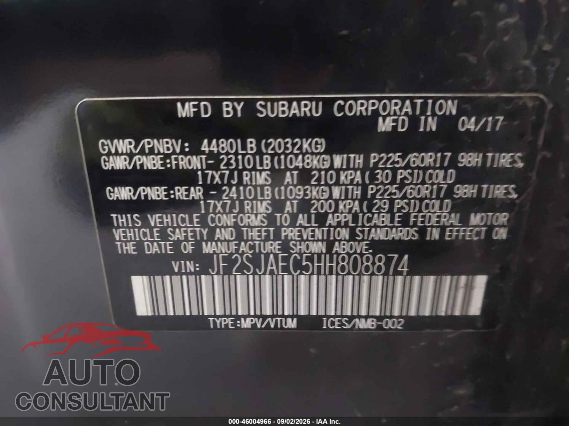 SUBARU FORESTER 2017 - JF2SJAEC5HH808874