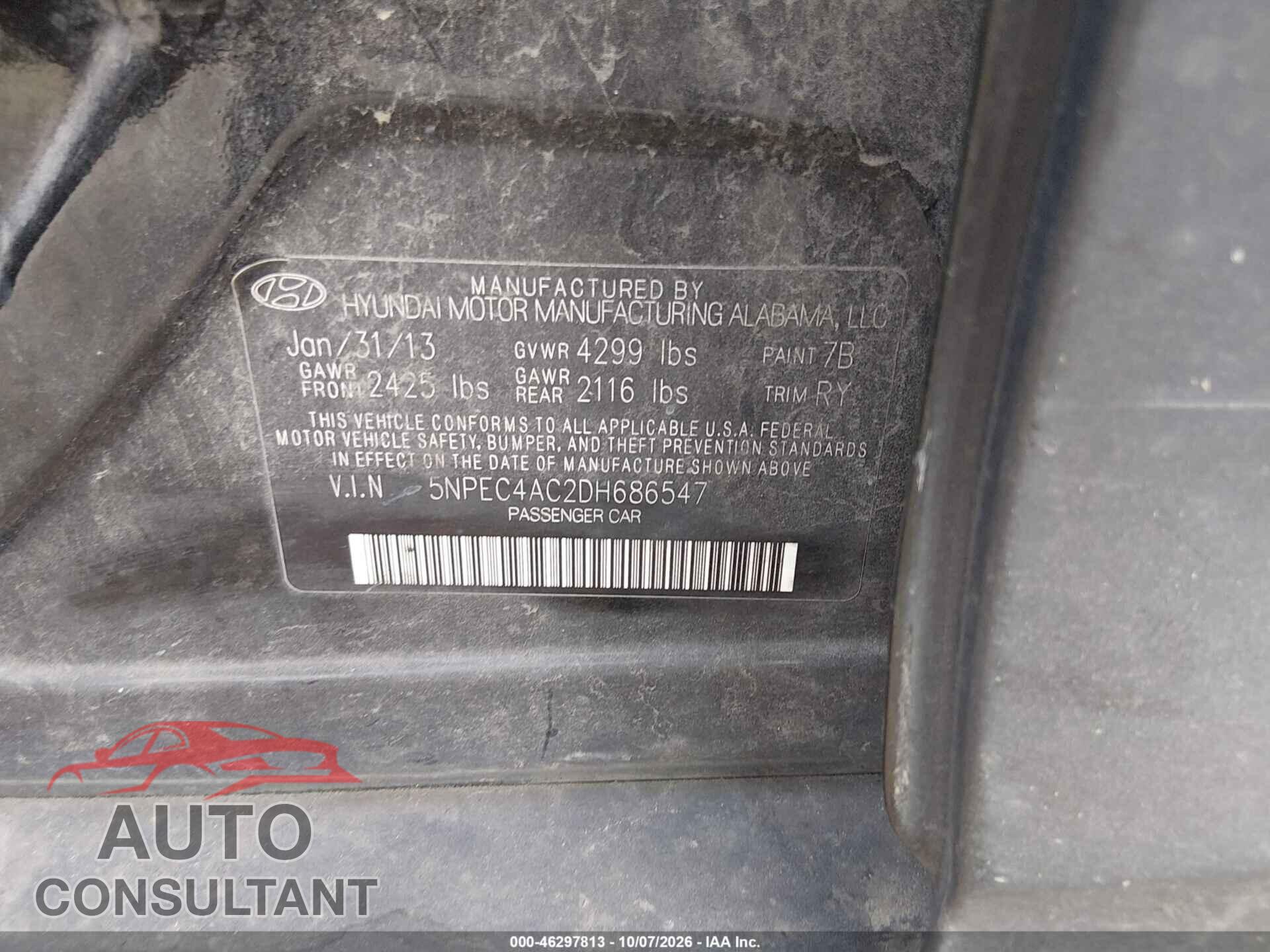 HYUNDAI SONATA 2013 - 5NPEC4AC2DH686547