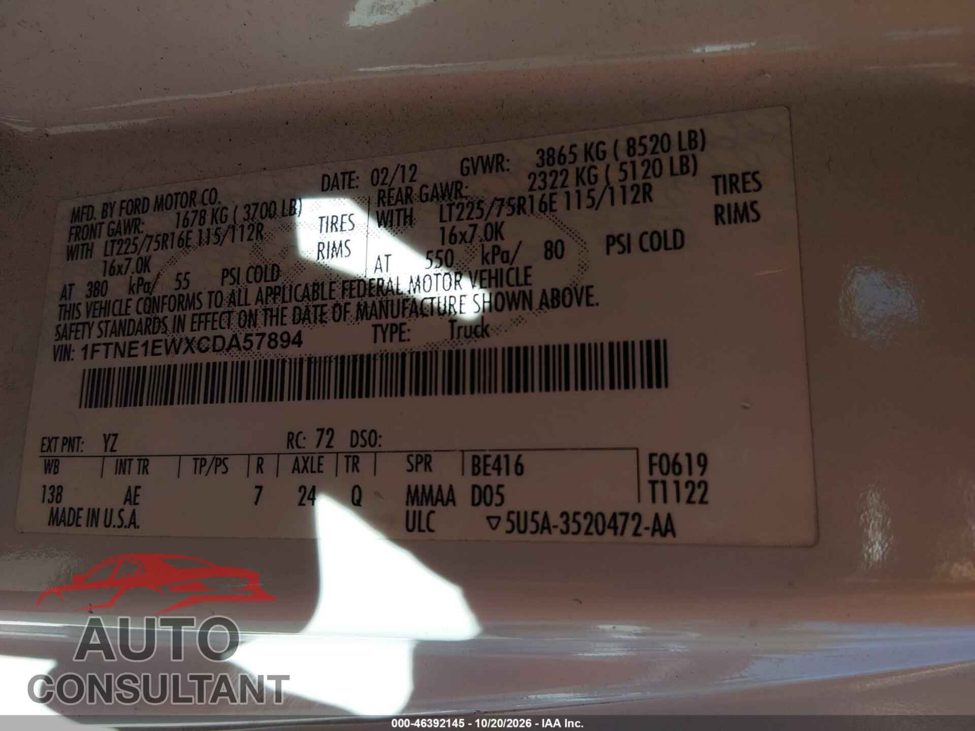 FORD E-150 2012 - 1FTNE1EWXCDA57894