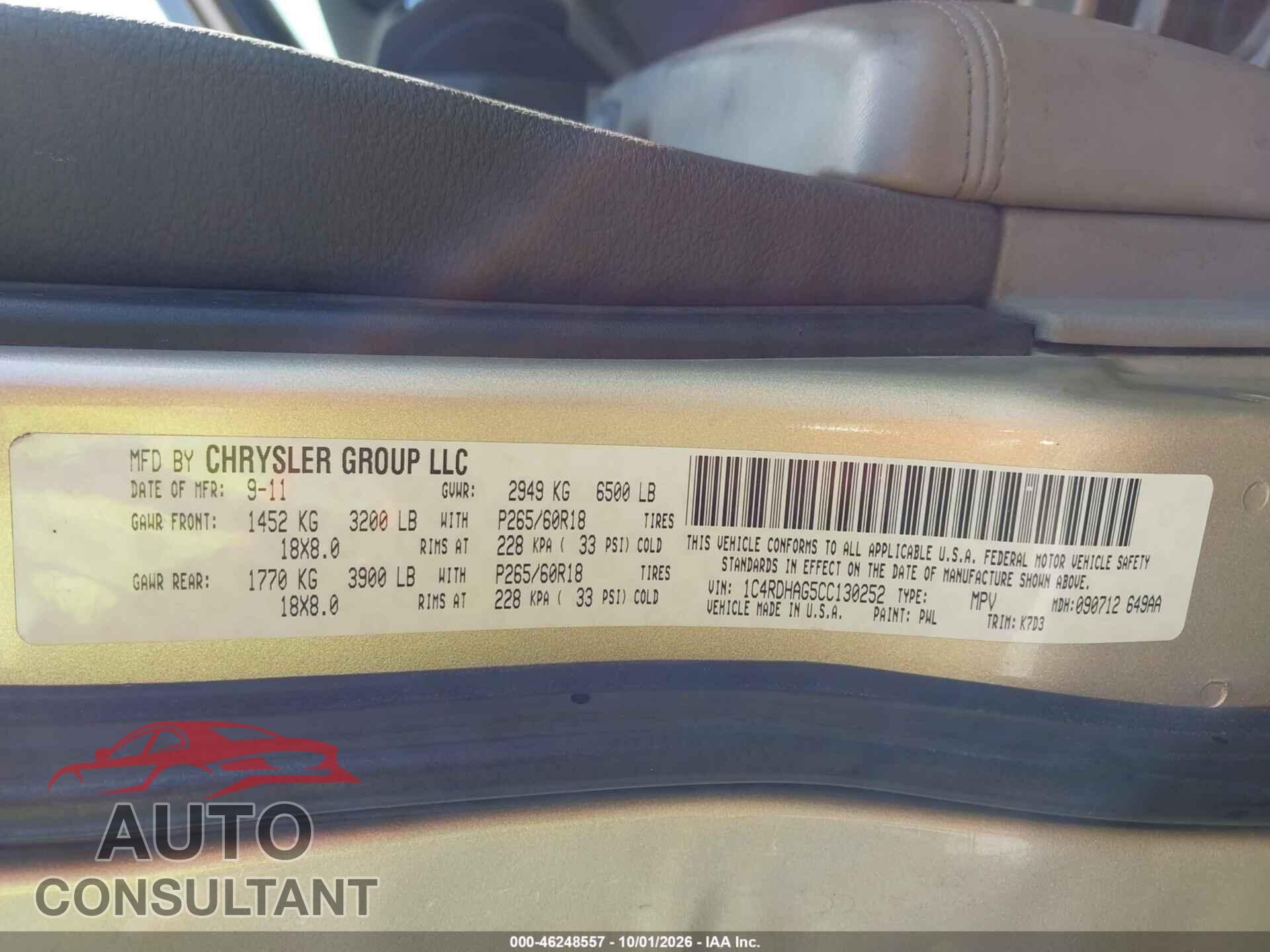 DODGE DURANGO 2012 - 1C4RDHAG5CC130252