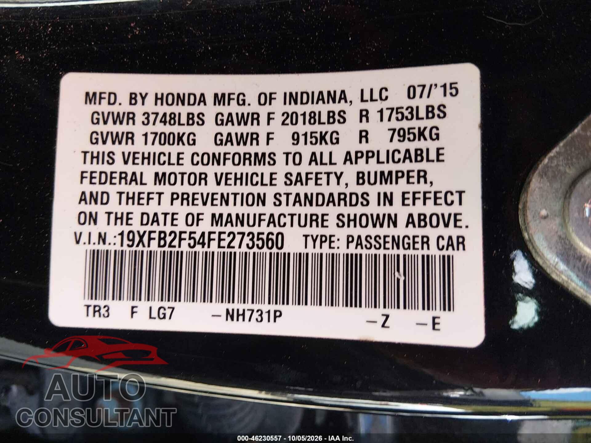 HONDA CIVIC 2015 - 19XFB2F54FE273560