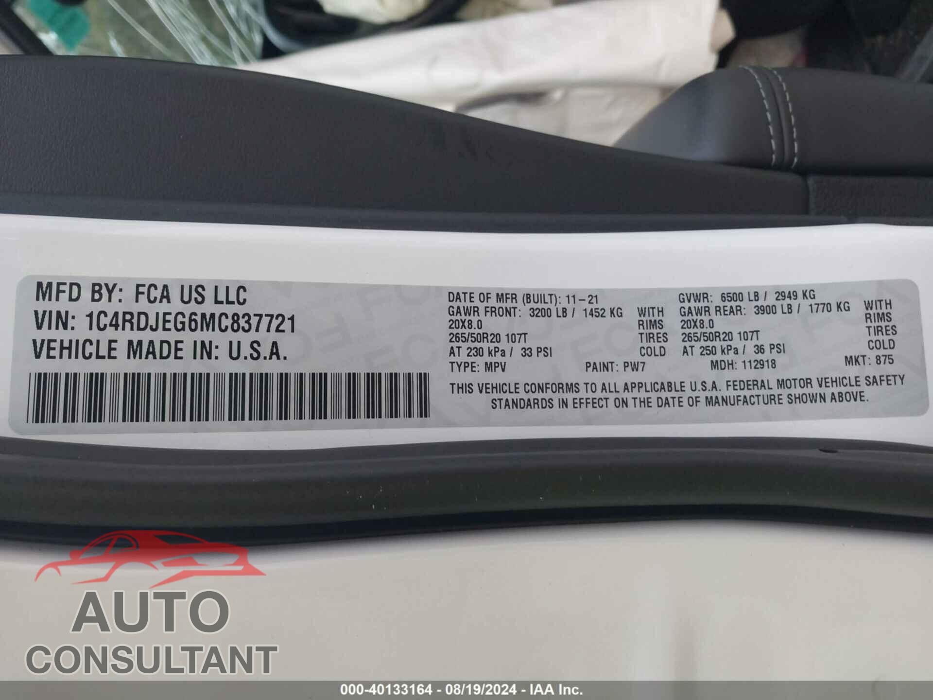 DODGE DURANGO 2021 - 1C4RDJEG6MC837721
