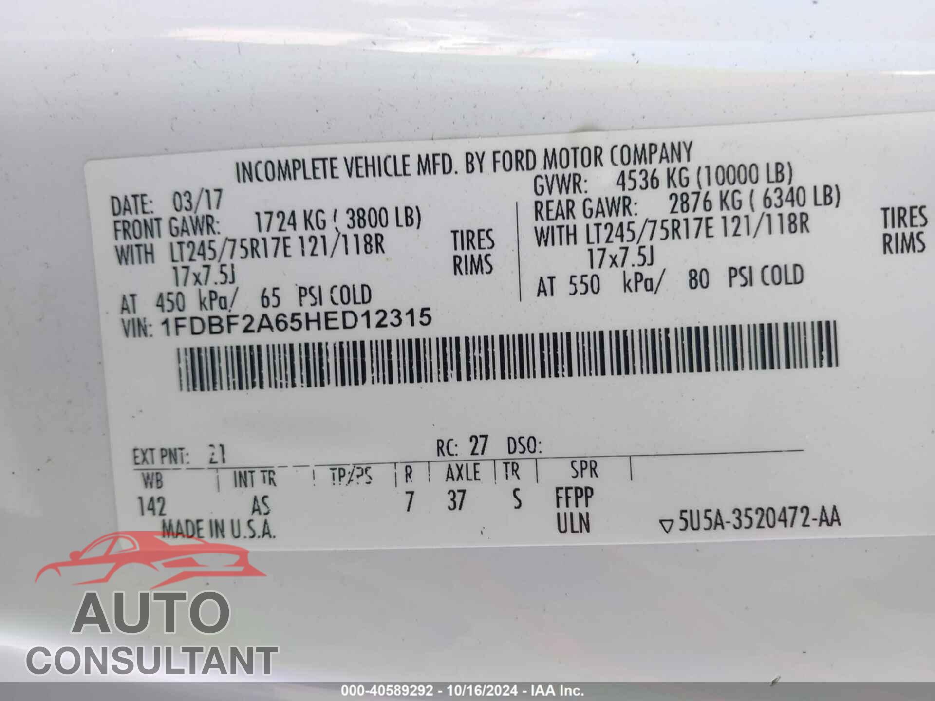FORD F-250 2017 - 1FDBF2A65HED12315