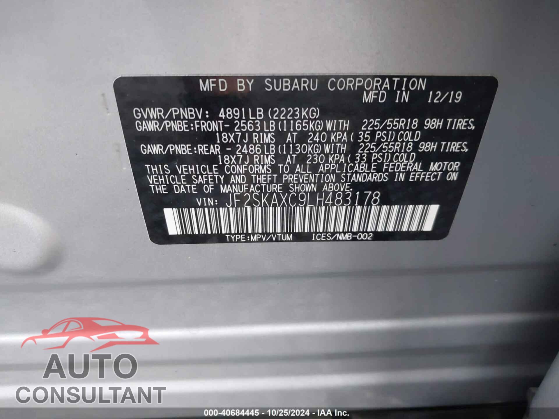 SUBARU FORESTER 2020 - JF2SKAXC9LH483178