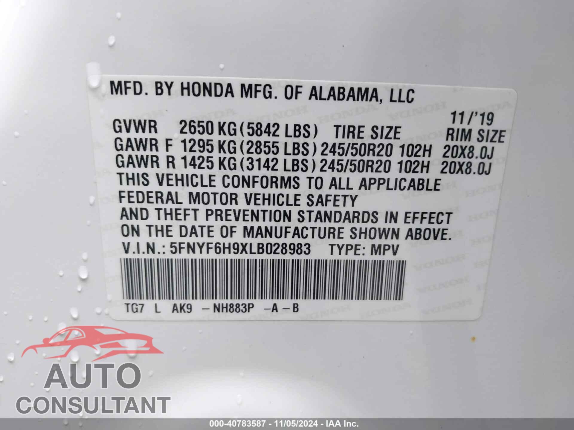 HONDA PILOT 2020 - 5FNYF6H9XLB028983