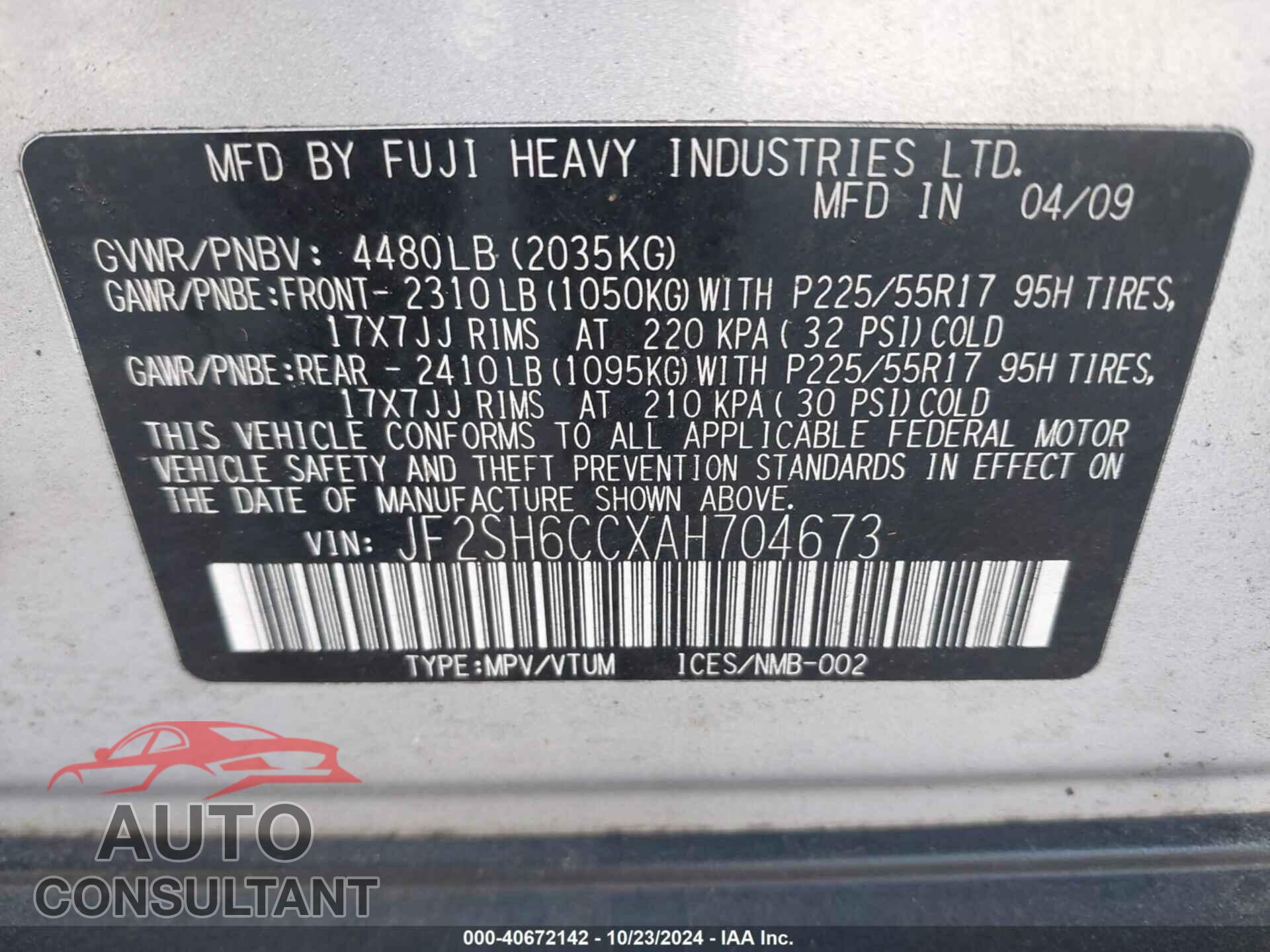 SUBARU FORESTER 2010 - JF2SH6CCXAH704673