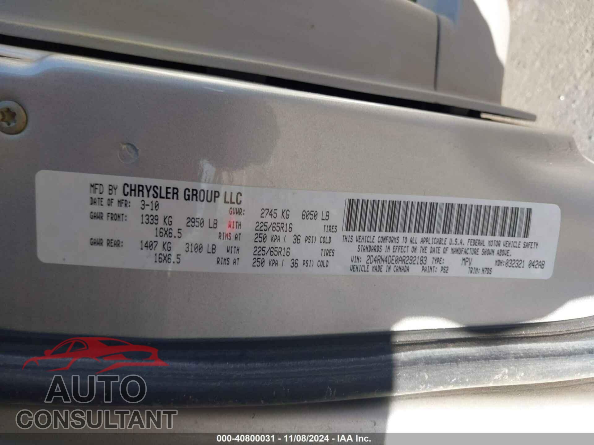 DODGE GRAND CARAVAN 2010 - 2D4RN4DE0AR292183