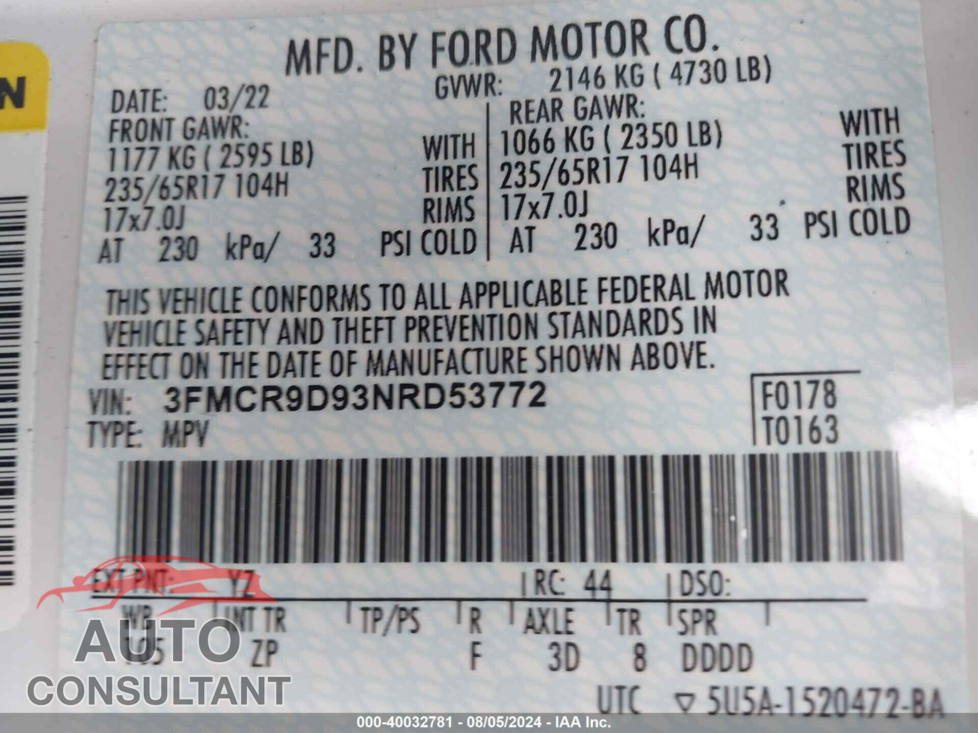 FORD BRONCO SPORT 2022 - 3FMCR9D93NRD53772