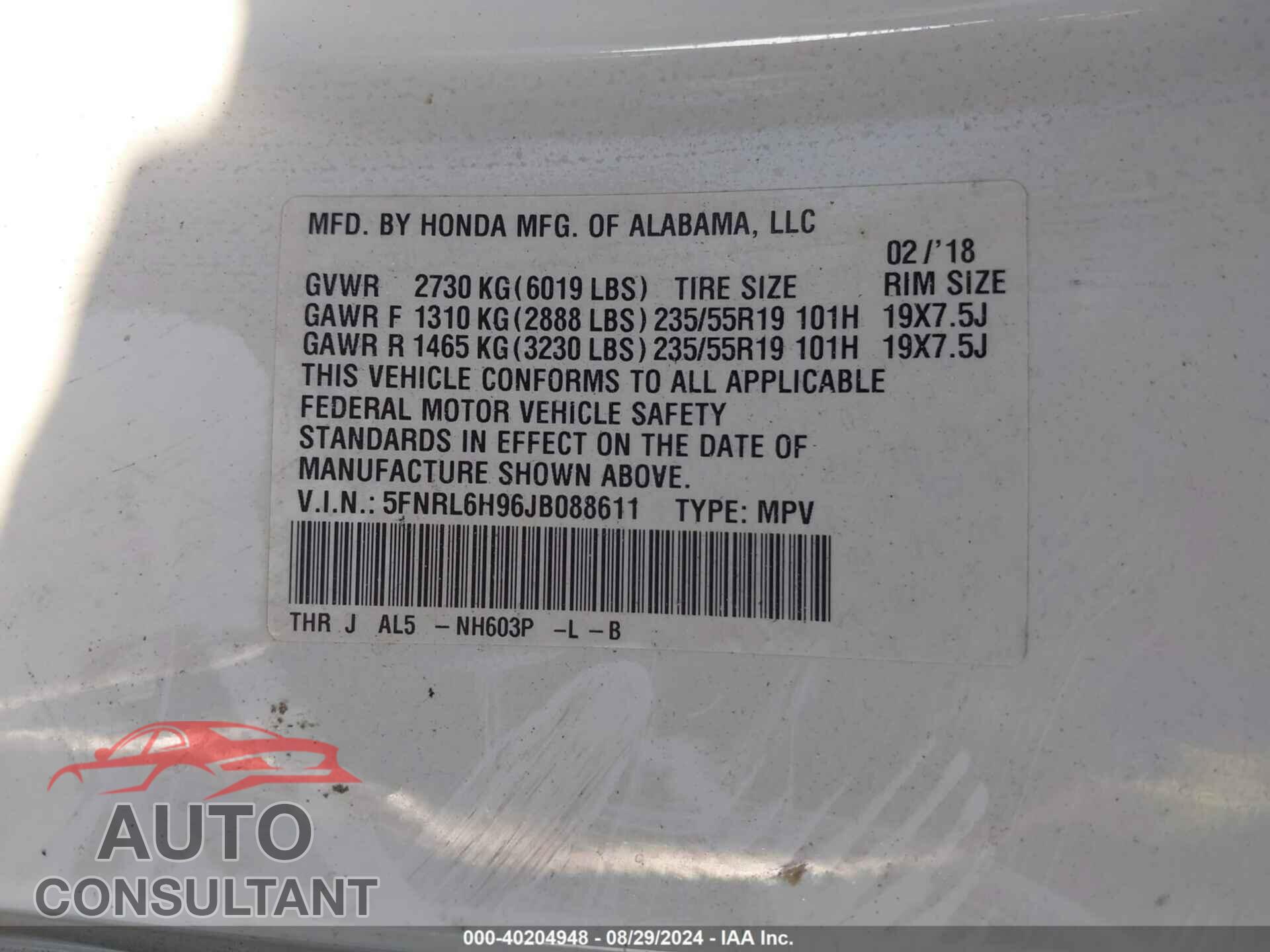 HONDA ODYSSEY 2018 - 5FNRL6H96JB088611