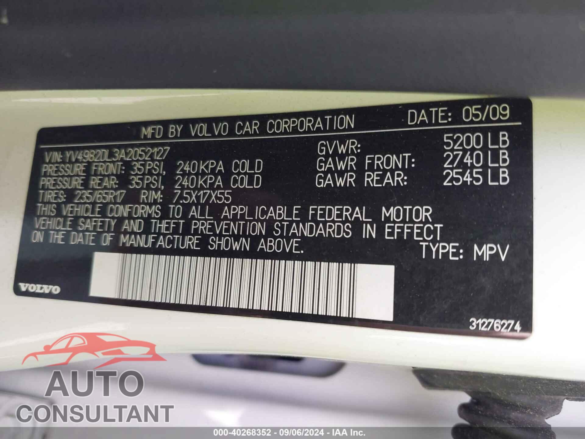 VOLVO XC60 2010 - YV4982DL3A2052127