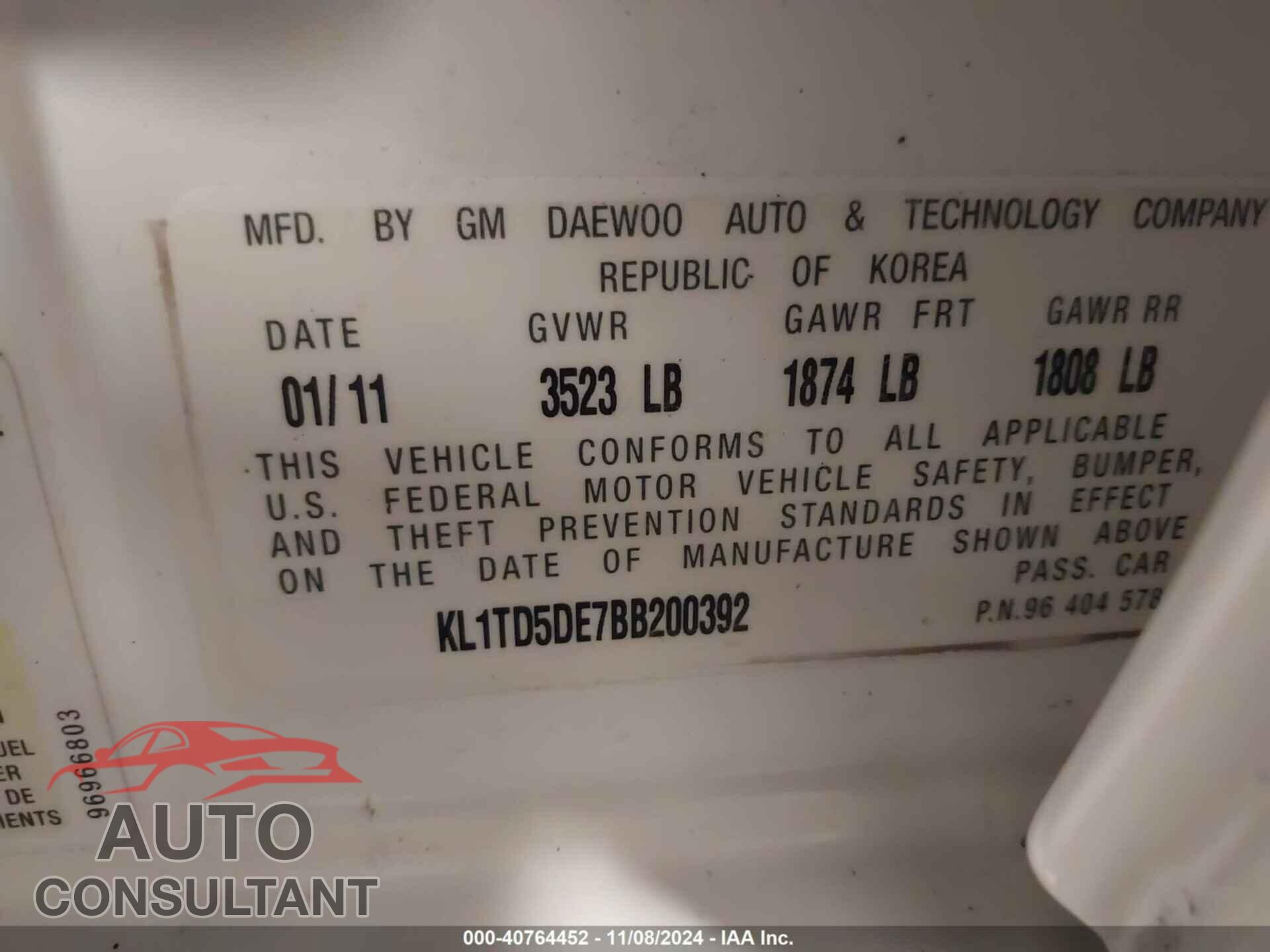 CHEVROLET AVEO 2011 - KL1TD5DE7BB200392
