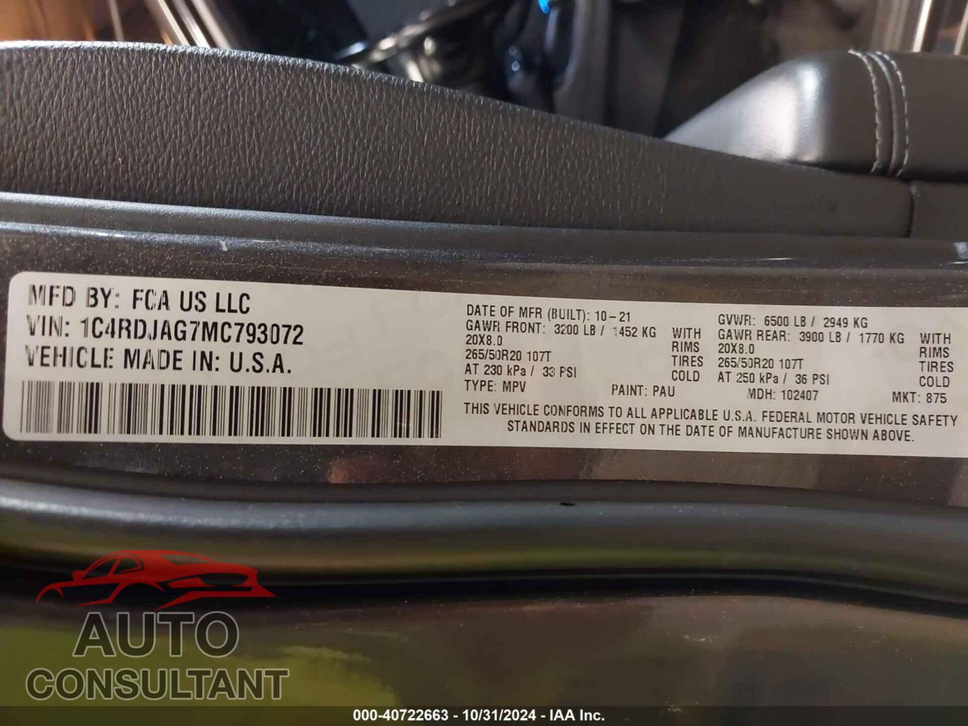 DODGE DURANGO 2021 - 1C4RDJAG7MC793072