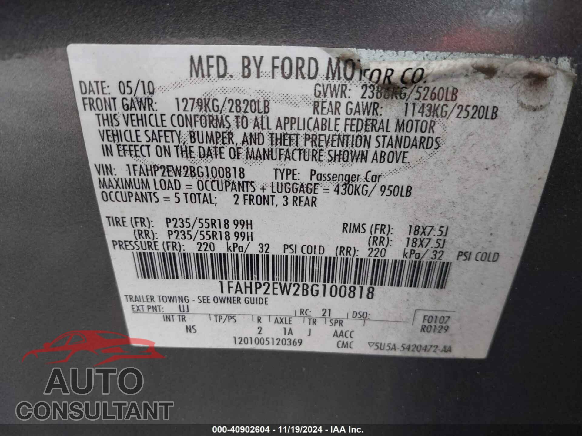 FORD TAURUS 2011 - 1FAHP2EW2BG100818