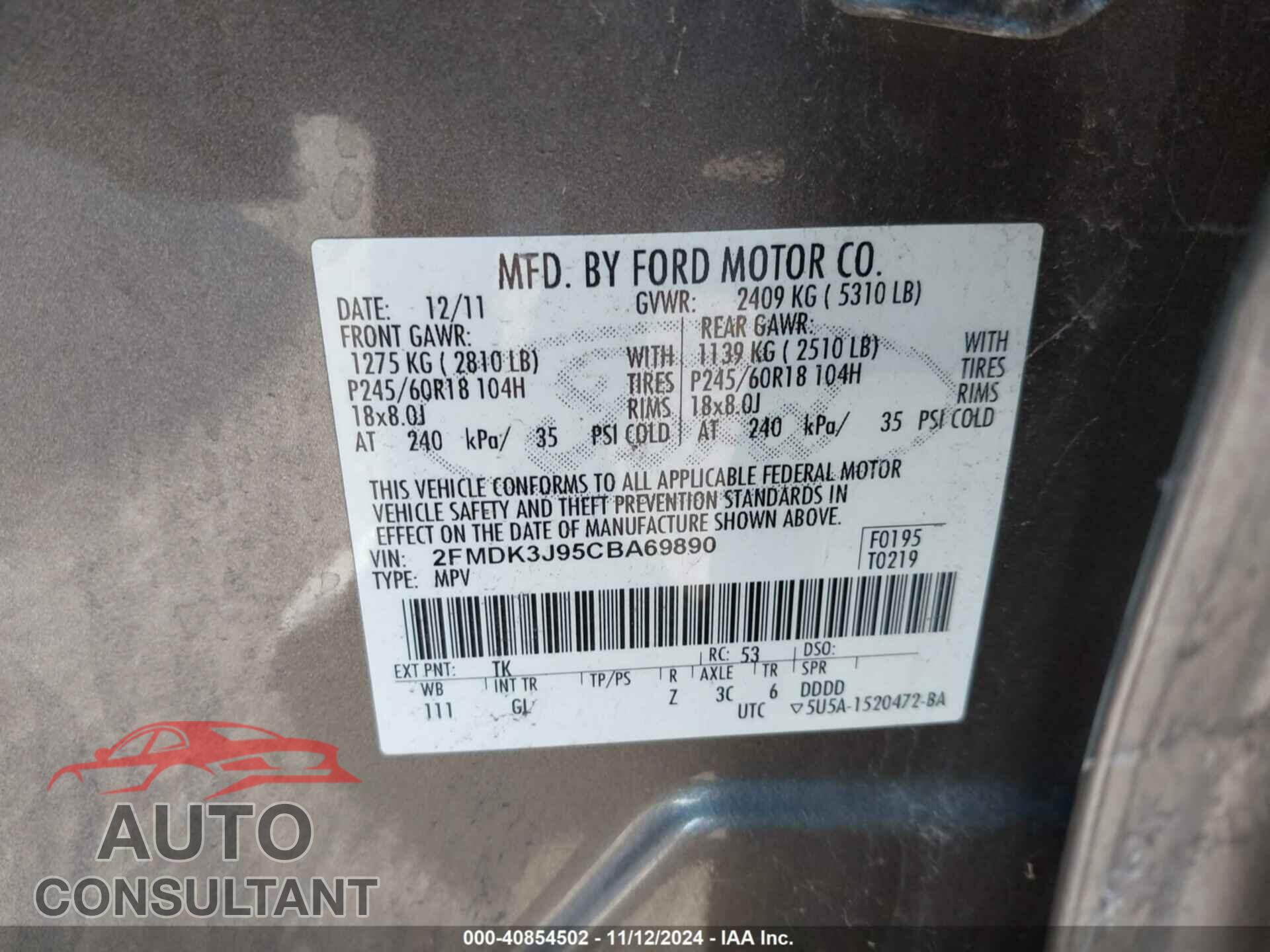 FORD EDGE 2012 - 2FMDK3J95CBA69890