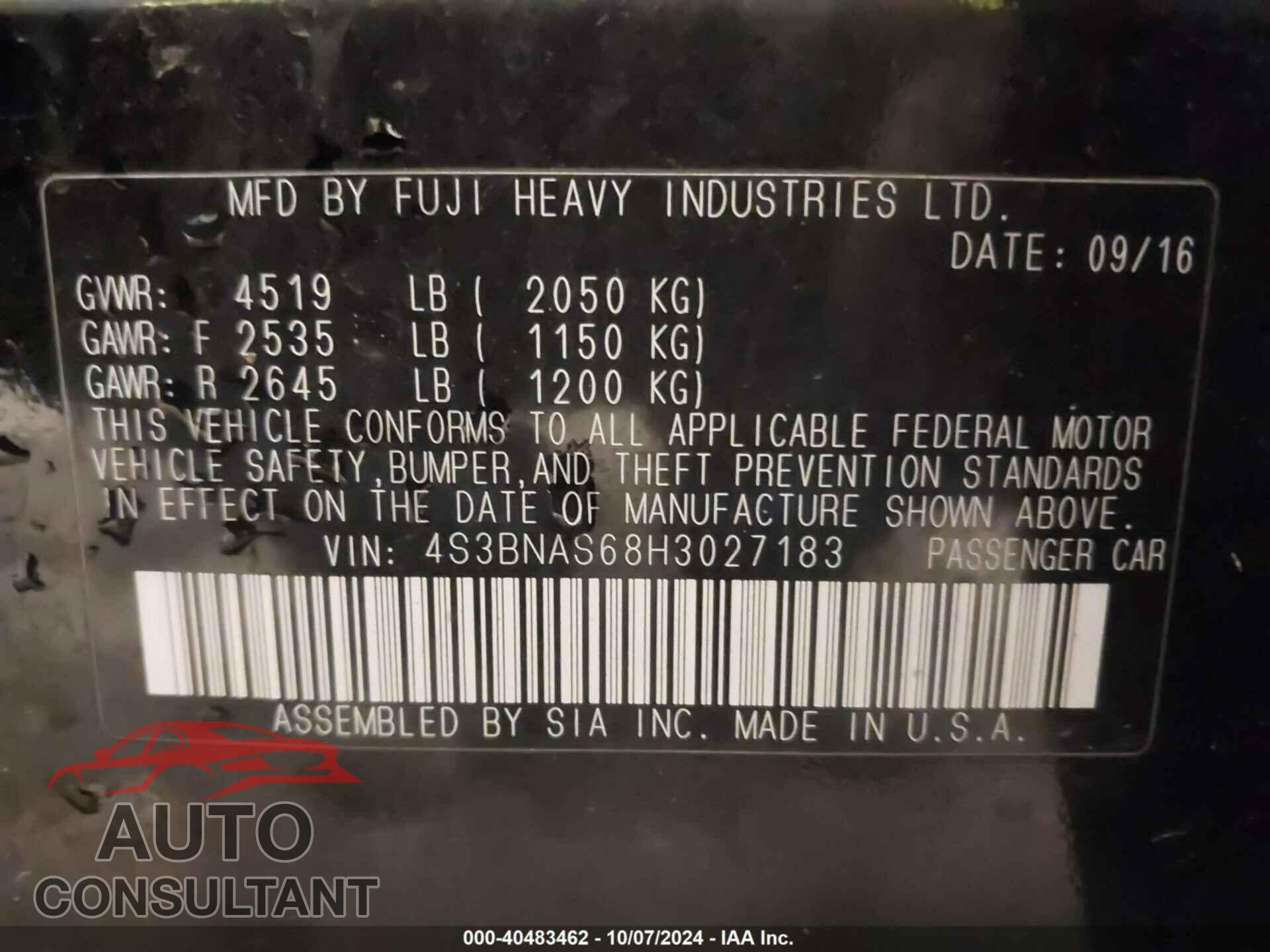 SUBARU LEGACY 2017 - 4S3BNAS68H3027183