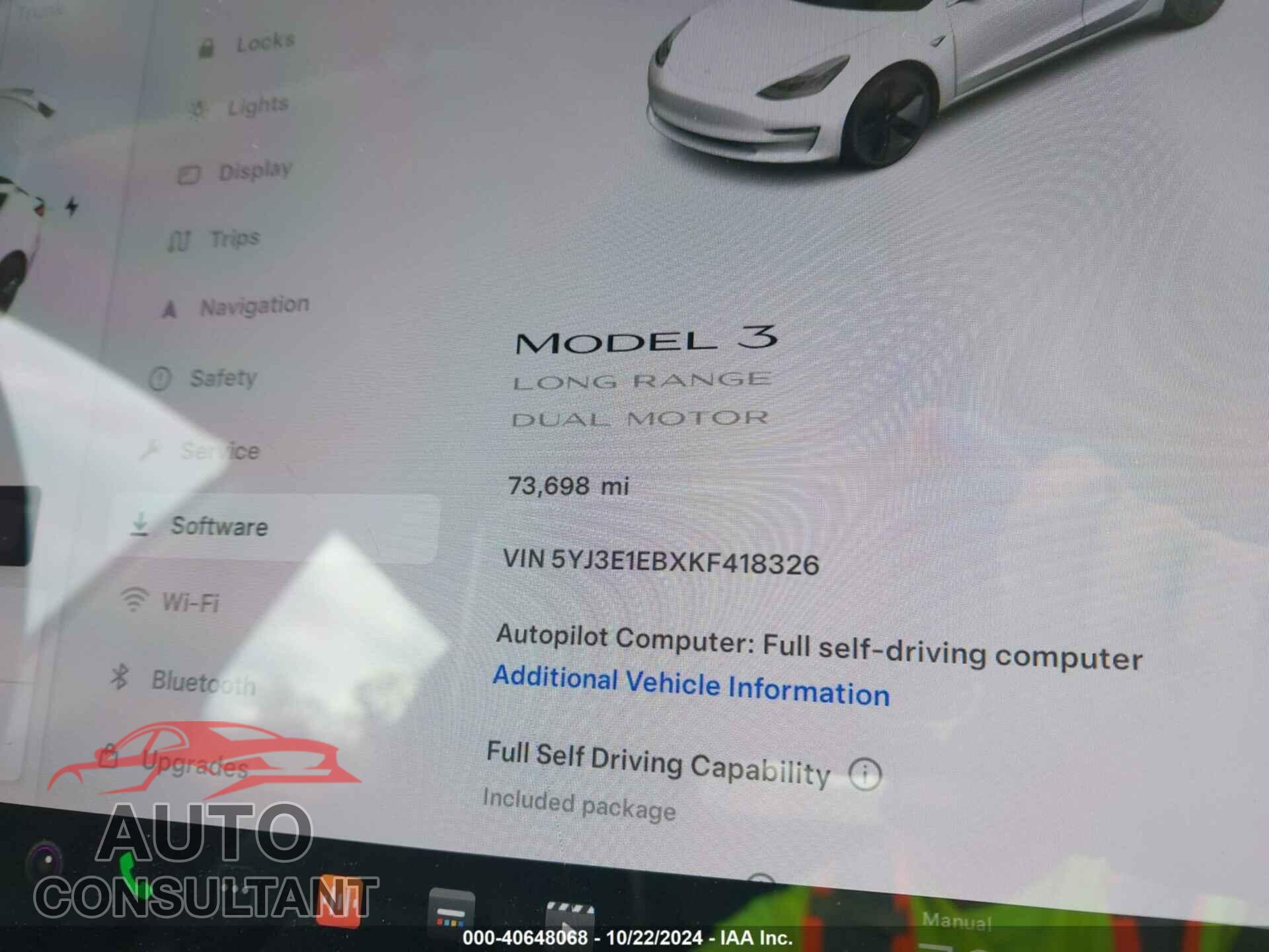 TESLA MODEL 3 2019 - 5YJ3E1EBXKF418326