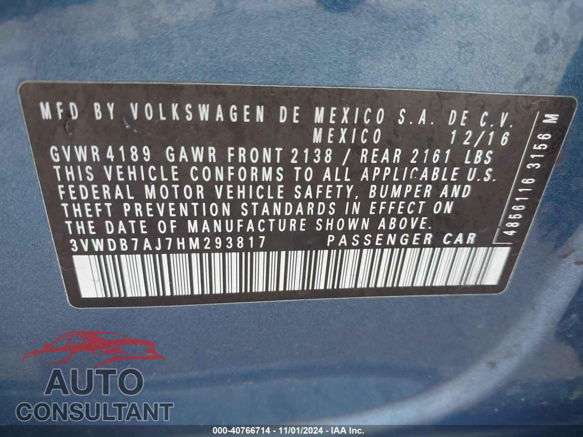 VOLKSWAGEN JETTA 2017 - 3VWDB7AJ7HM293817