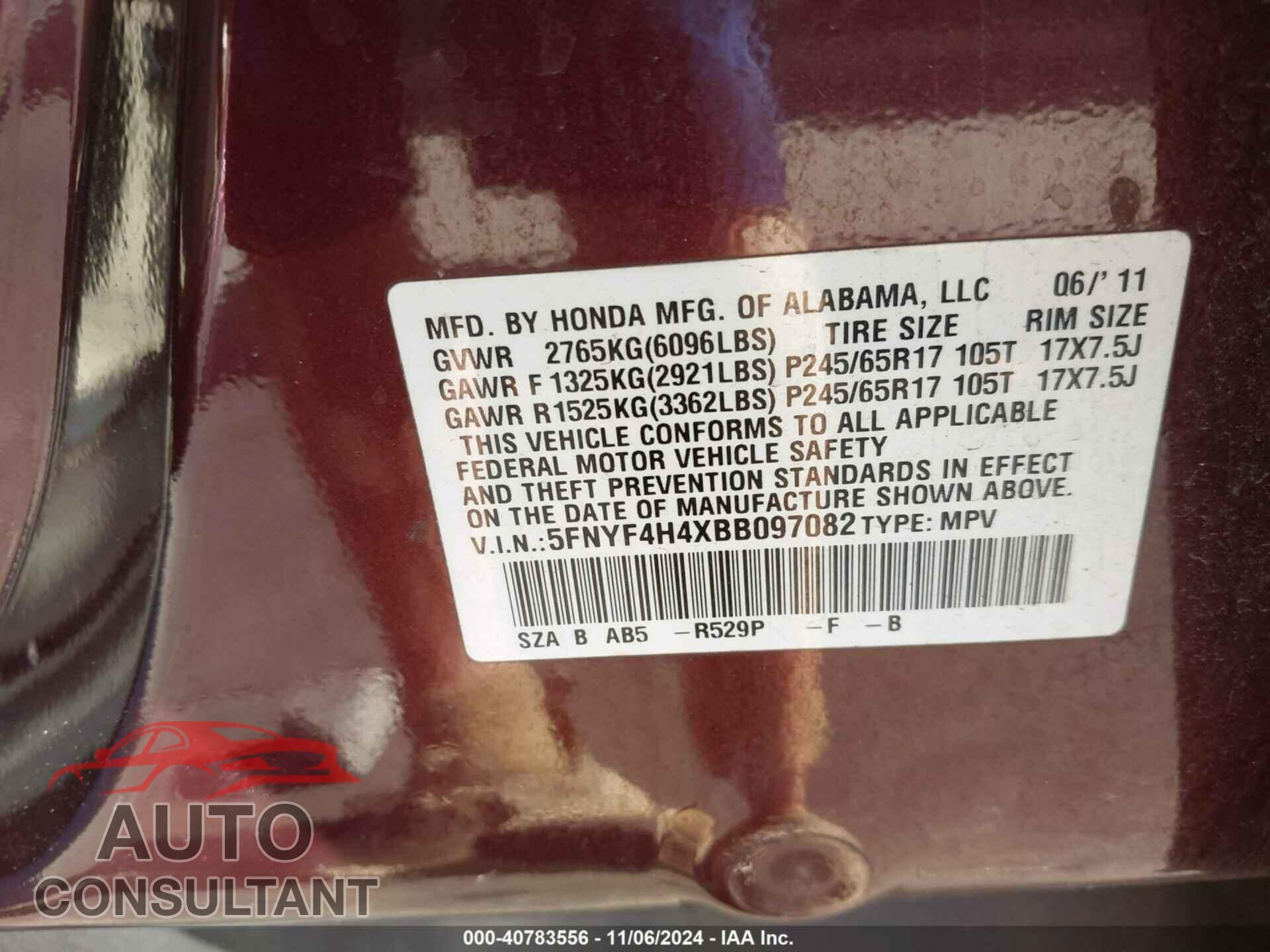 HONDA PILOT 2011 - 5FNYF4H4XBB097082
