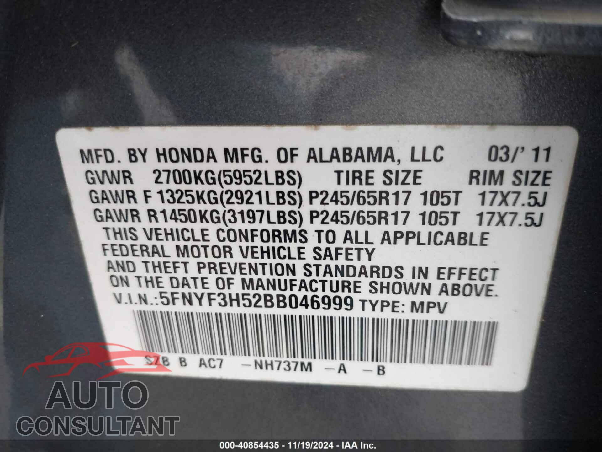 HONDA PILOT 2011 - 5FNYF3H52BB046999