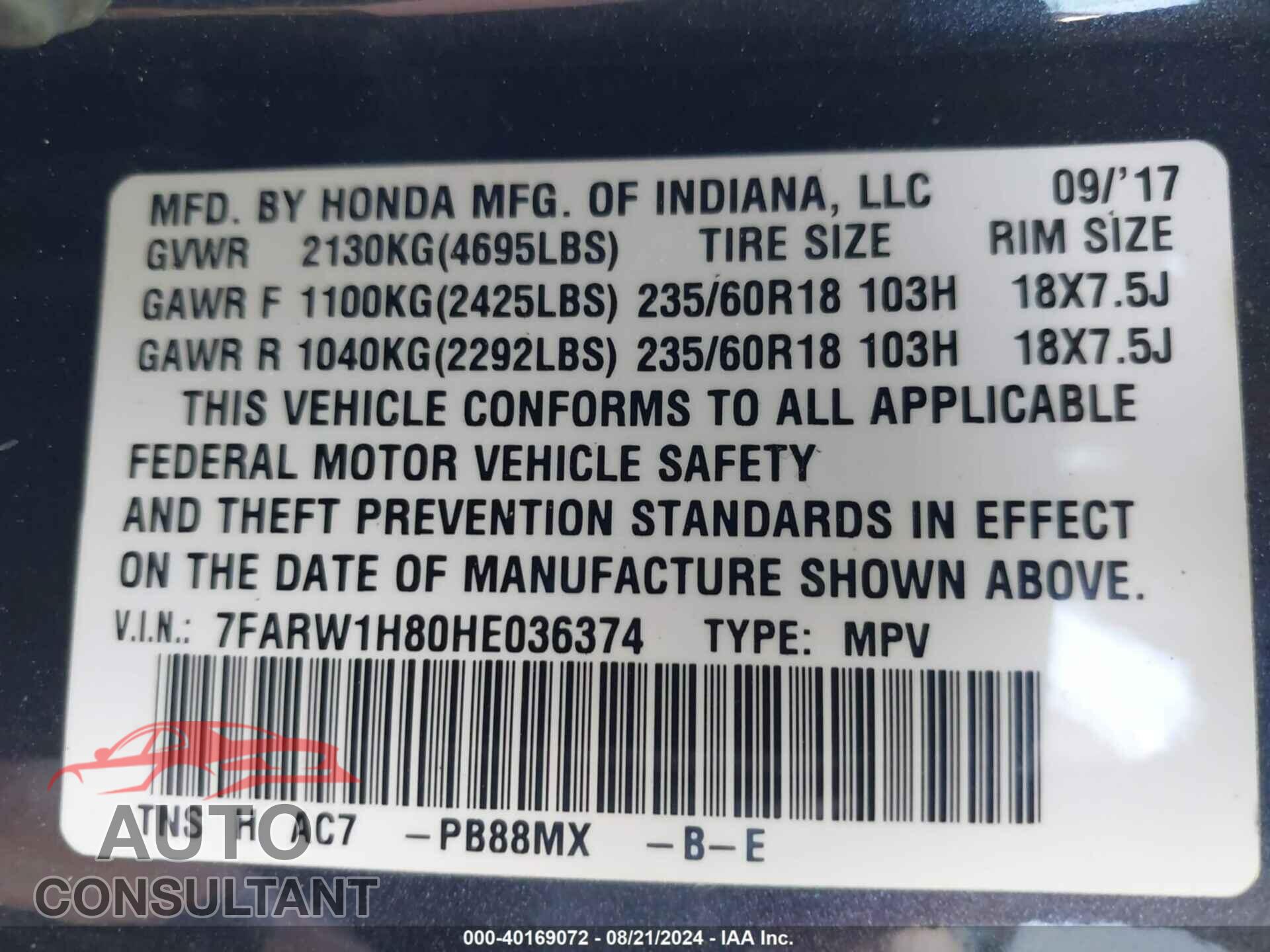 HONDA CR-V 2017 - 7FARW1H80HE036374