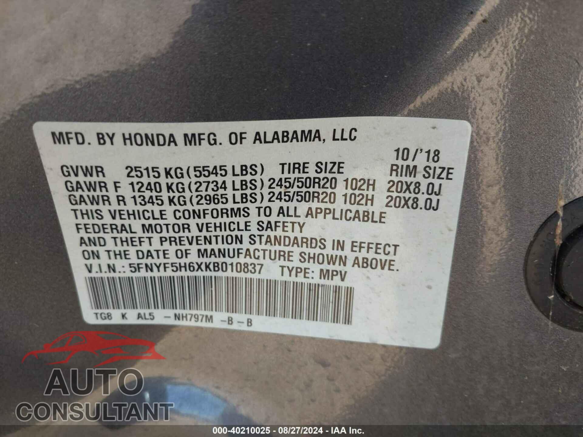 HONDA PILOT 2019 - 5FNYF5H6XKB010837
