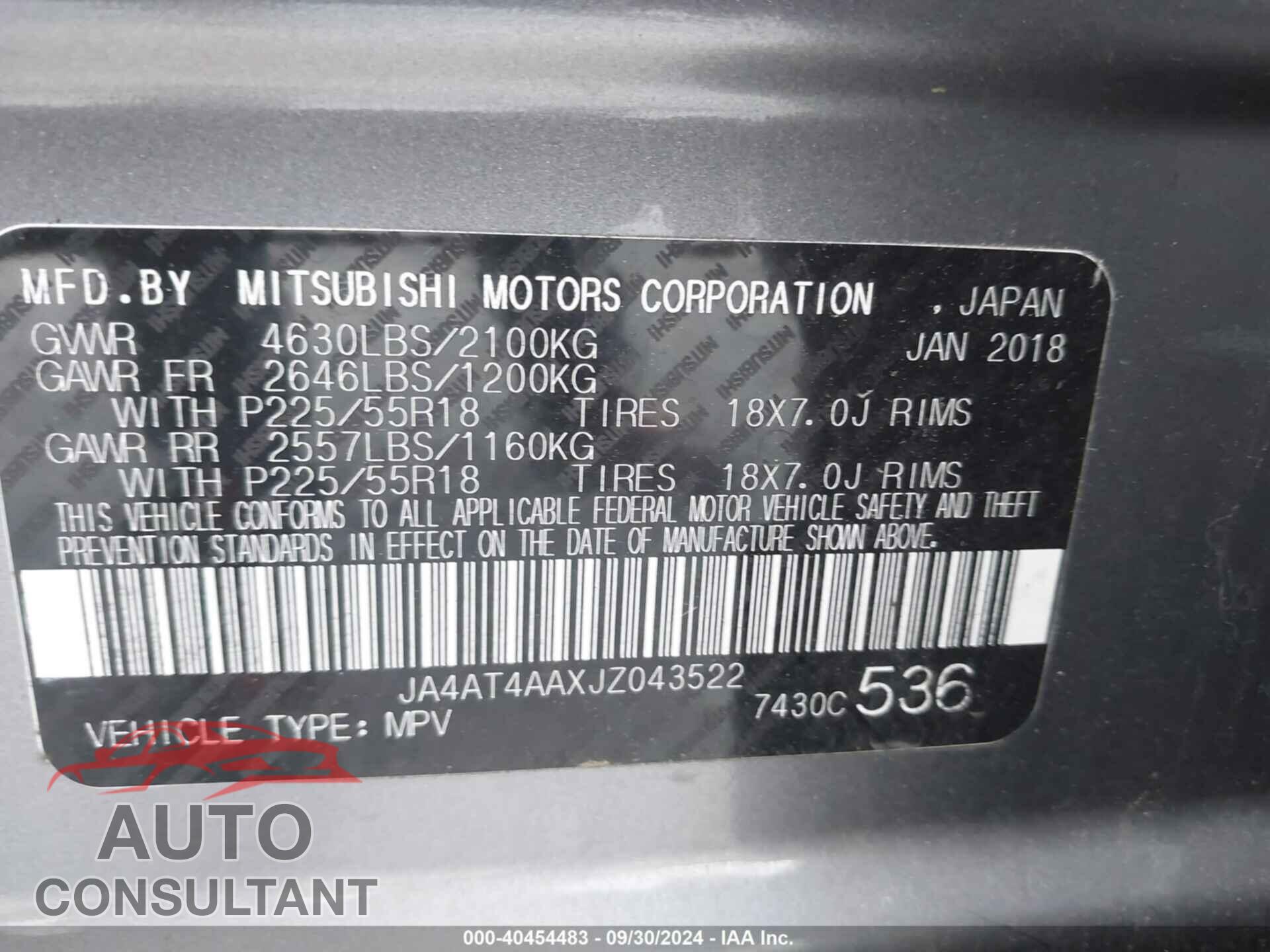 MITSUBISHI ECLIPSE CROSS 2018 - JA4AT4AAXJZ043522