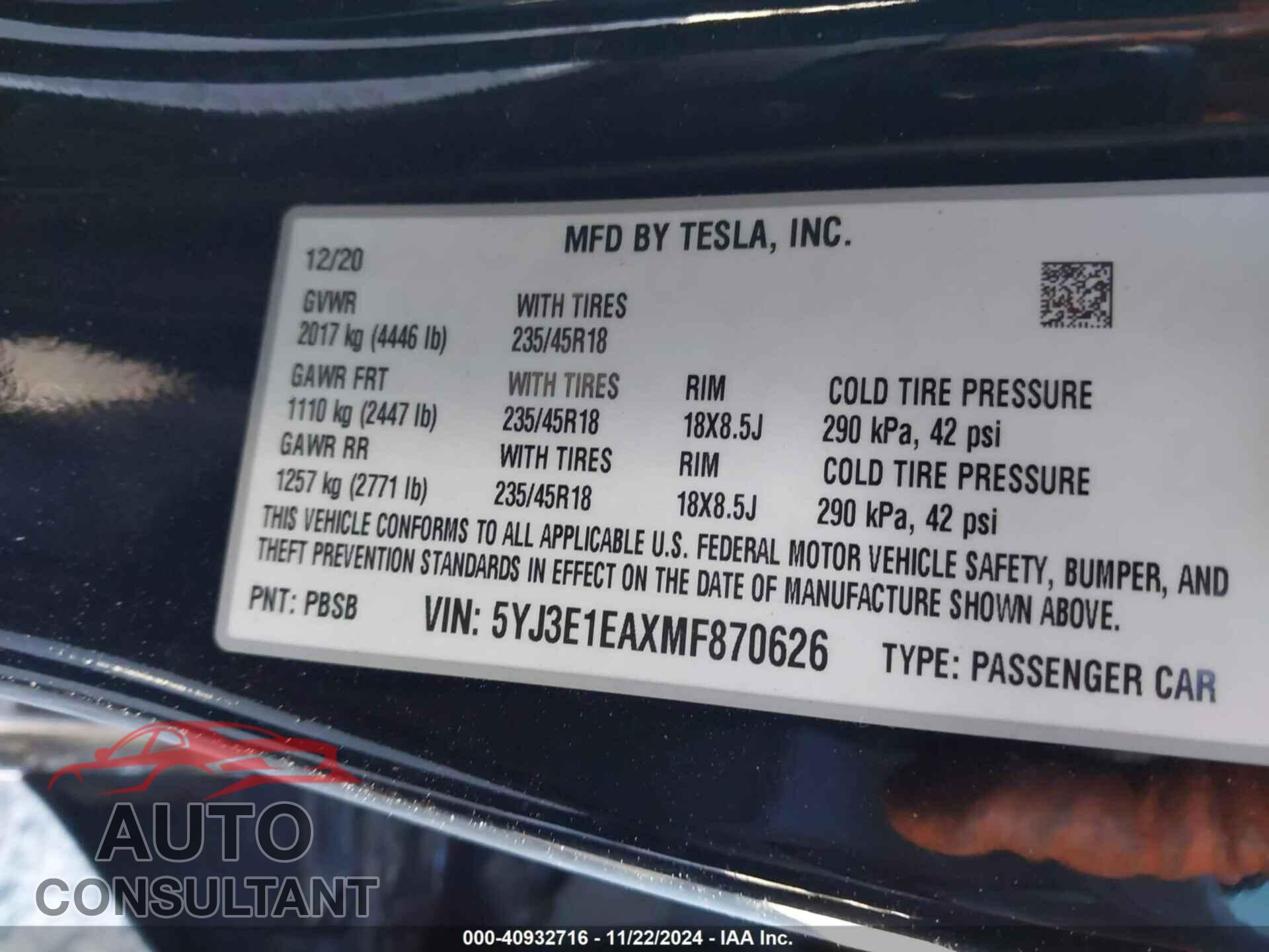 TESLA MODEL 3 2021 - 5YJ3E1EAXMF870626