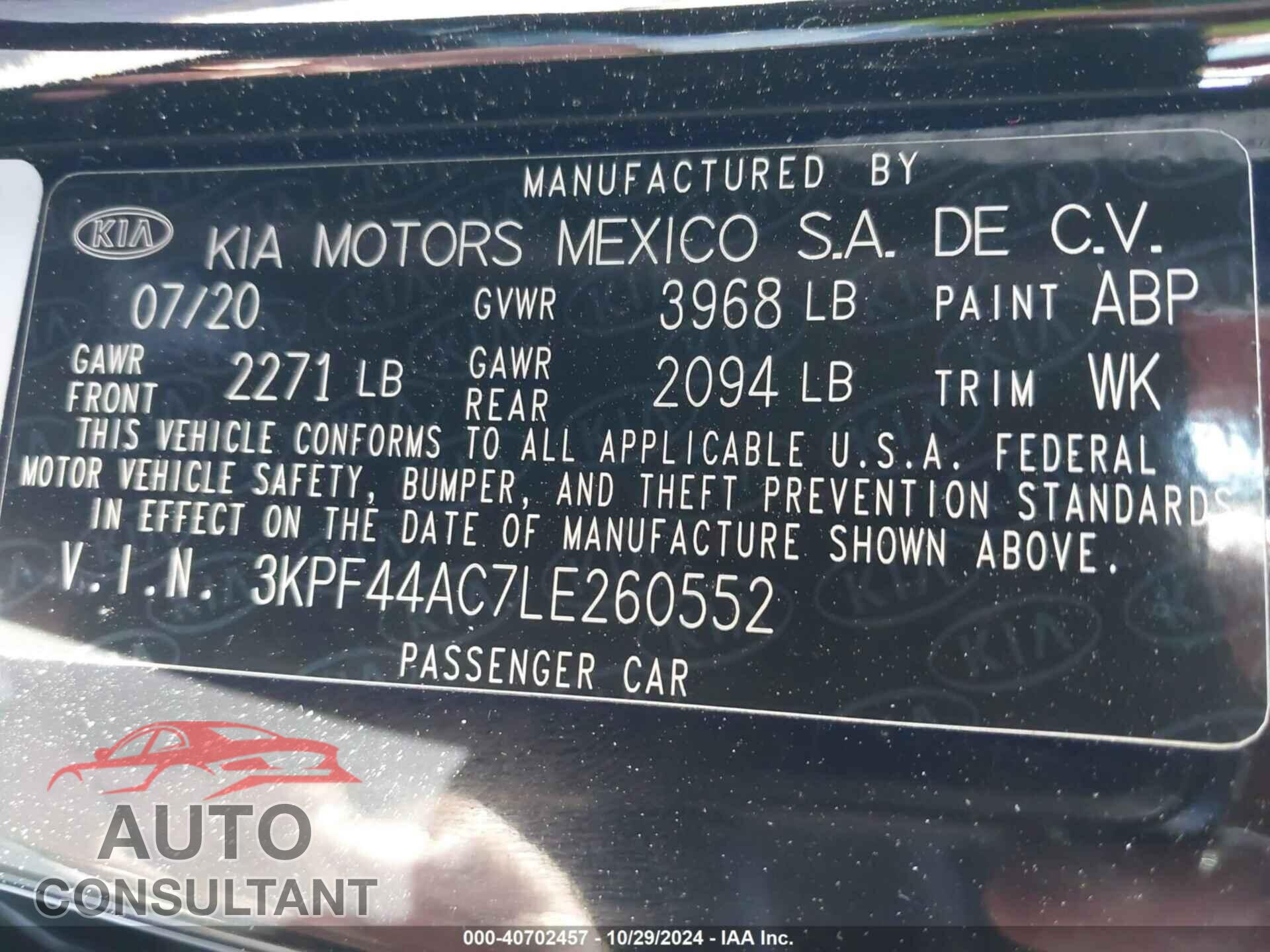 KIA FORTE 2020 - 3KPF44AC7LE260552