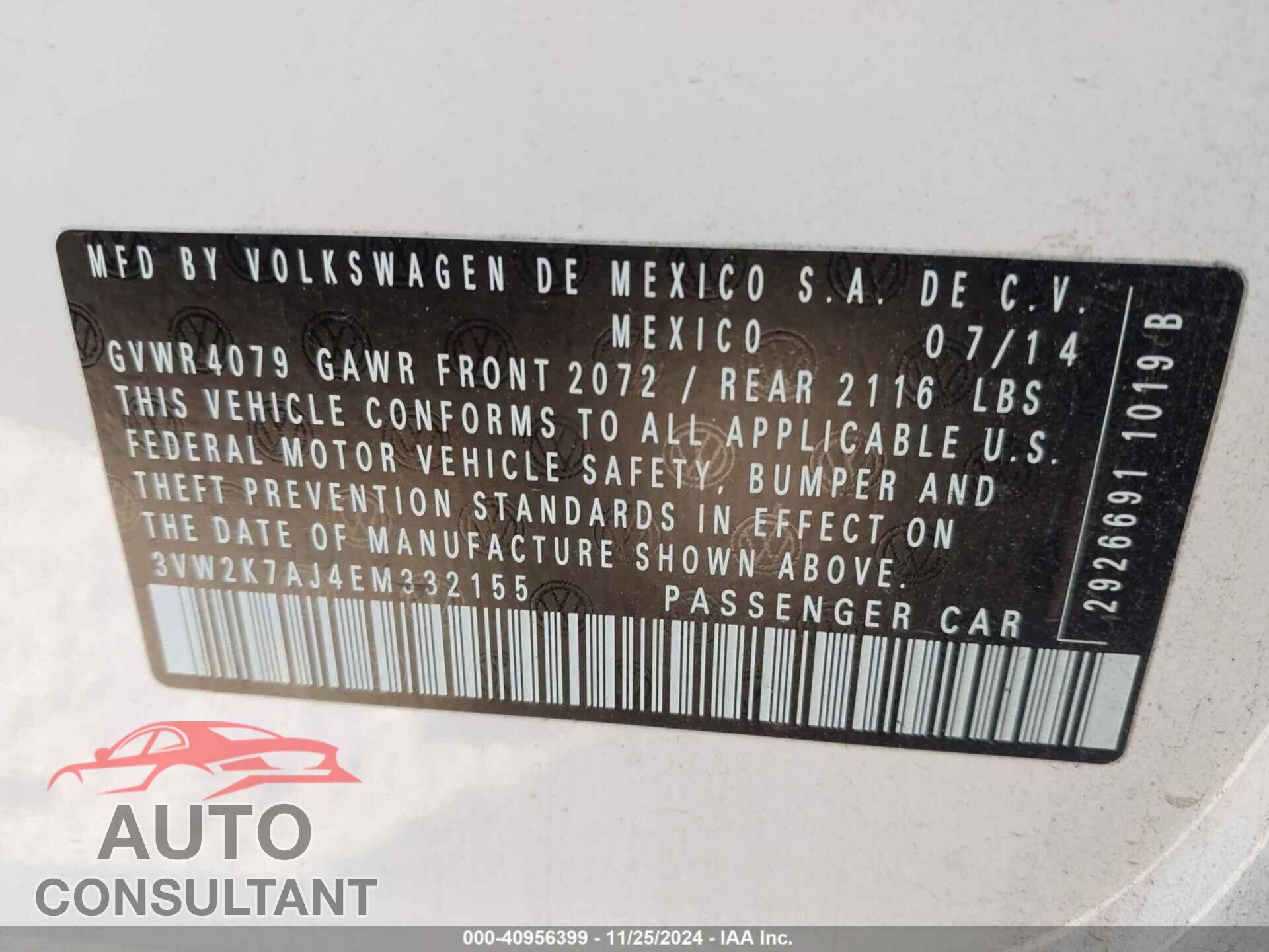 VOLKSWAGEN JETTA 2014 - 3VW2K7AJ4EM332155