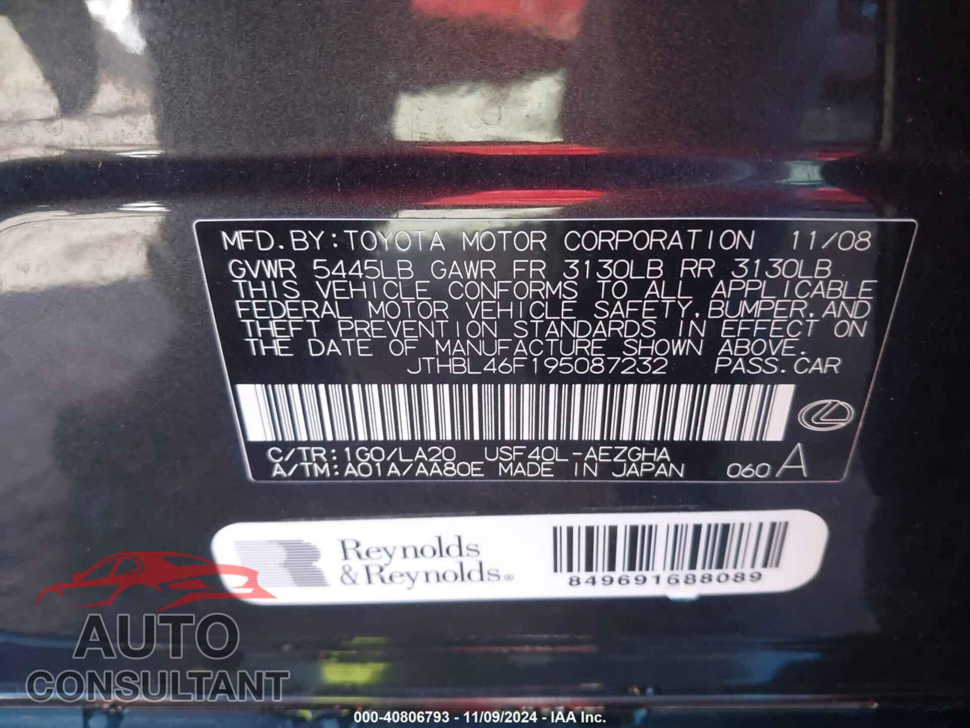 LEXUS LS 460 2009 - JTHBL46F195087232