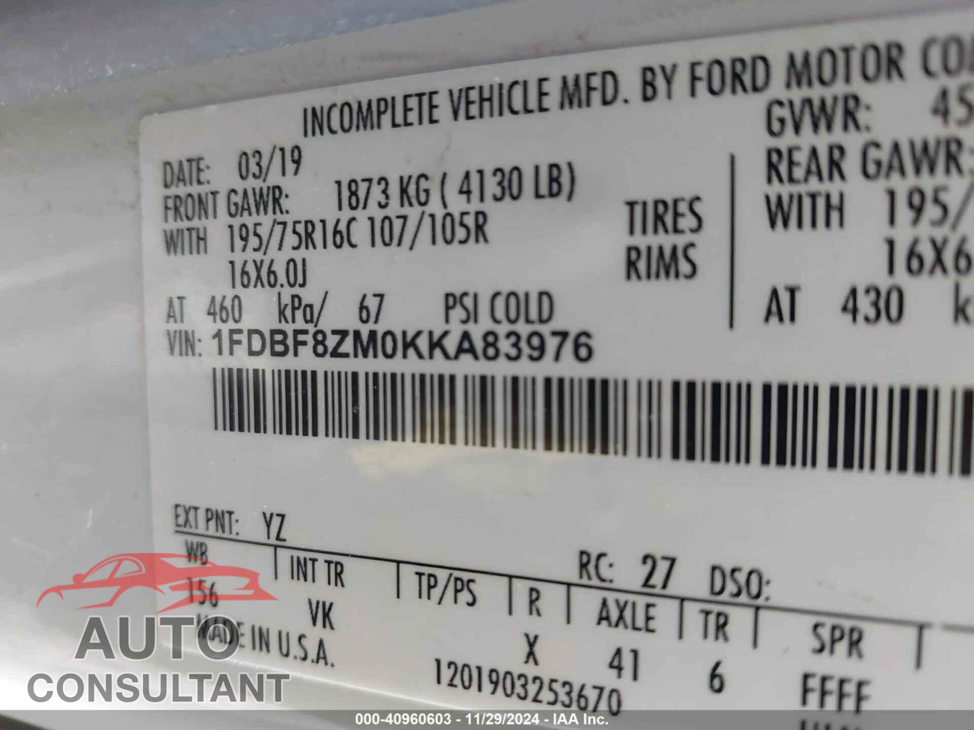 FORD TRANSIT-350 CAB 2019 - 1FDBF8ZM0KKA83976