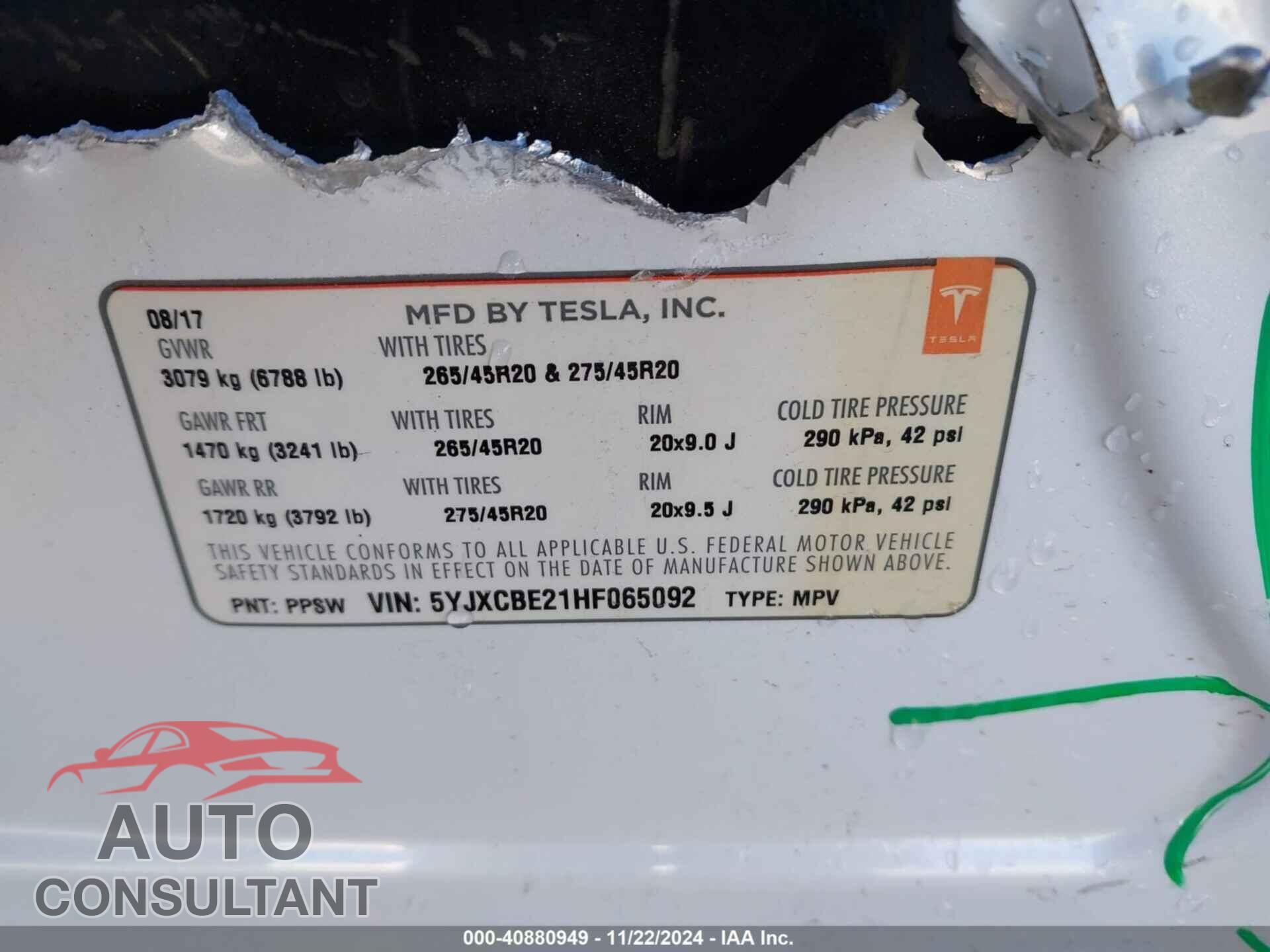 TESLA MODEL X 2017 - 5YJXCBE21HF065092