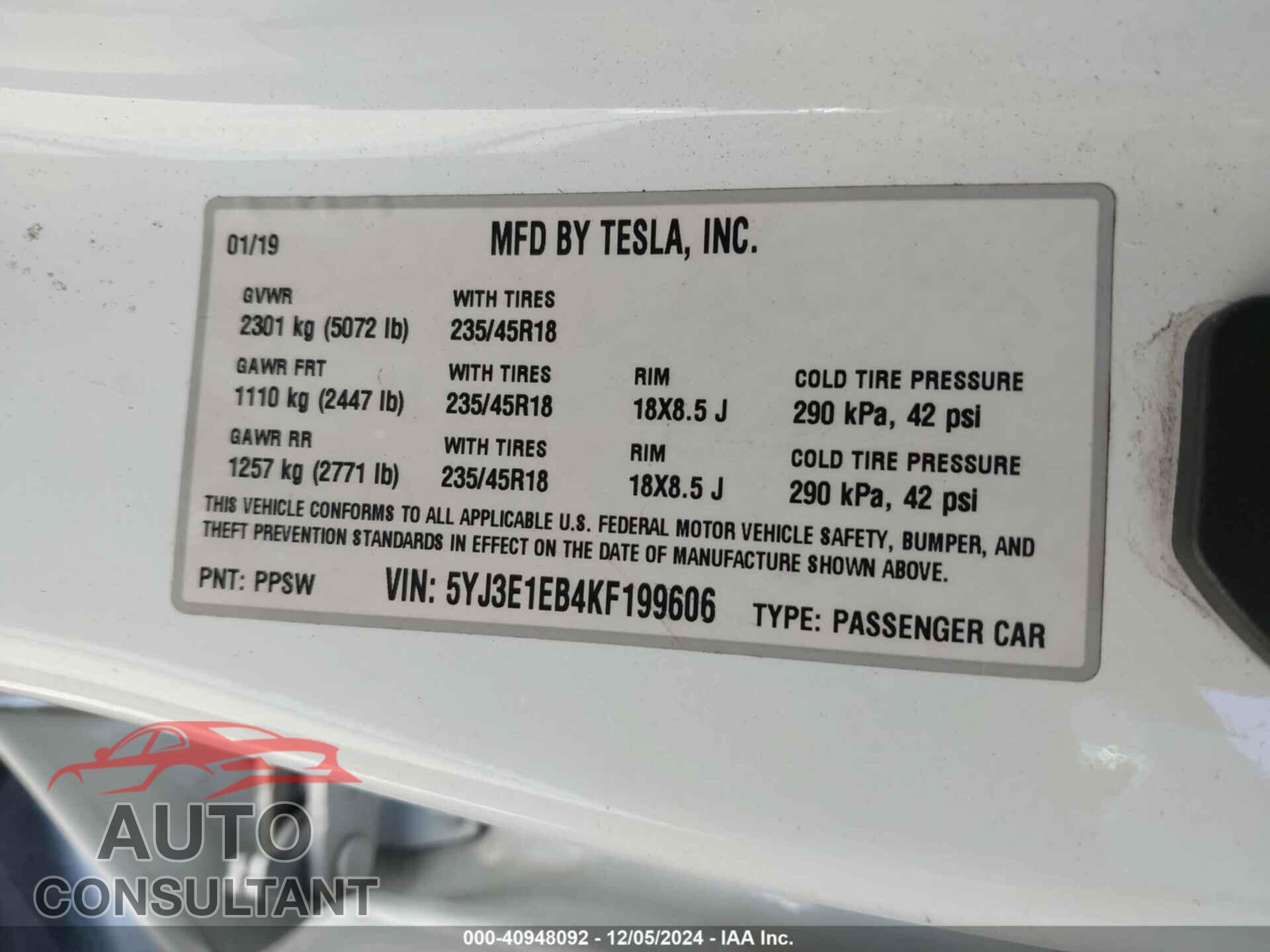 TESLA MODEL 3 2019 - 5YJ3E1EB4KF199606