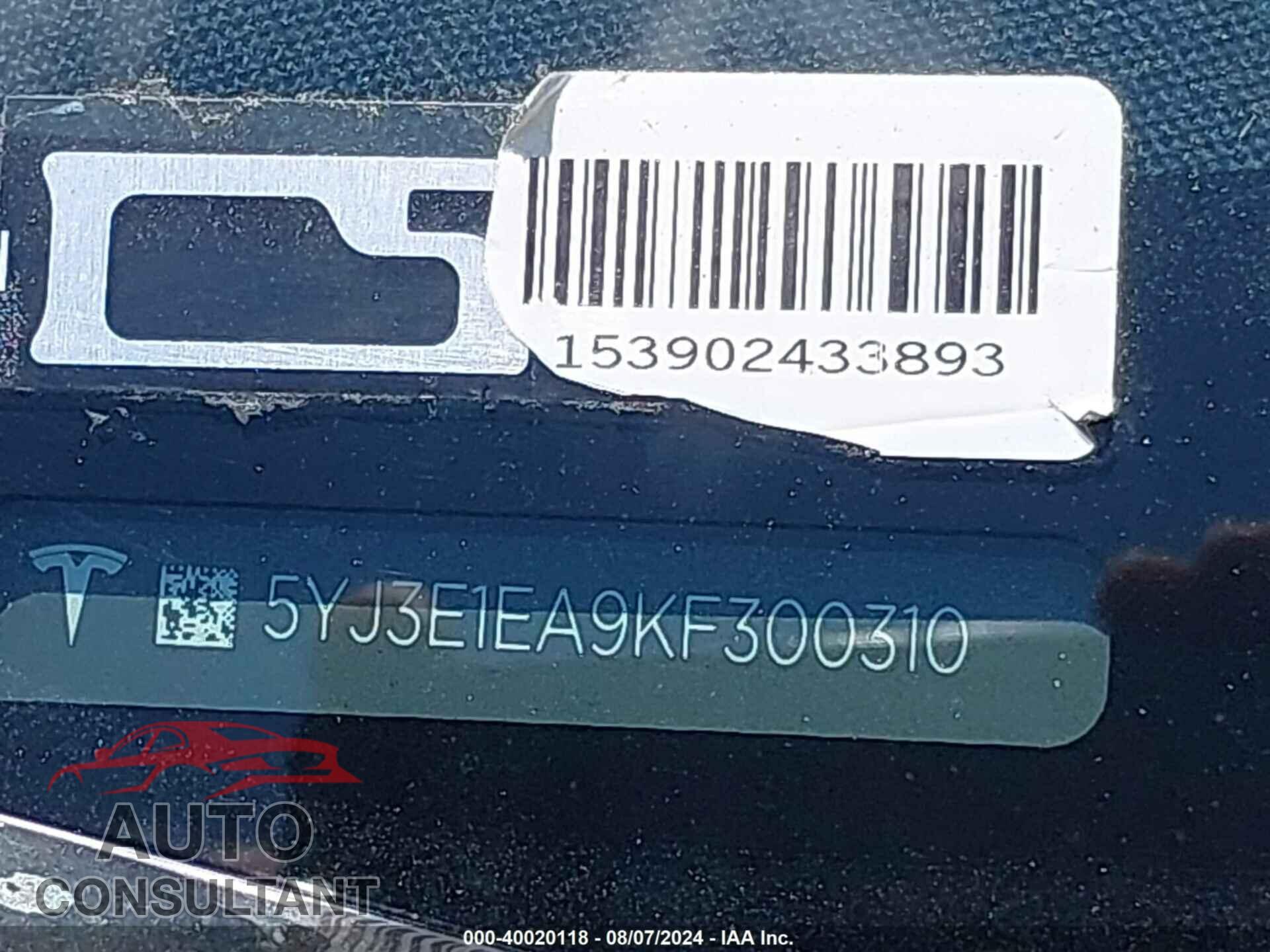 TESLA MODEL 3 2019 - 5YJ3E1EA9KF300310