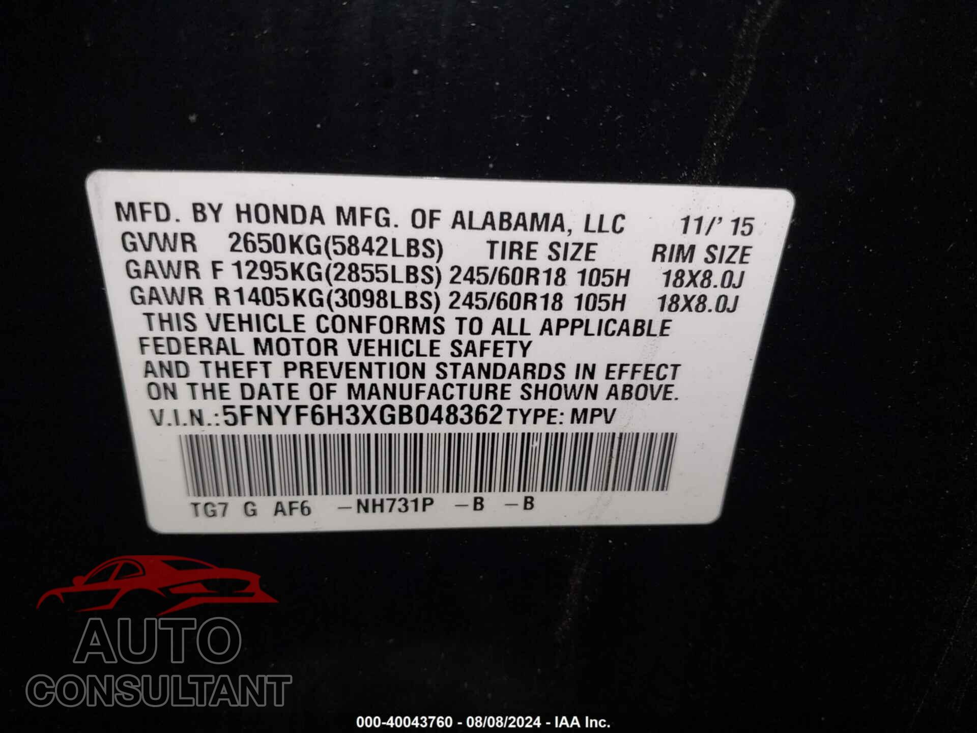 HONDA PILOT 2016 - 5FNYF6H3XGB048362