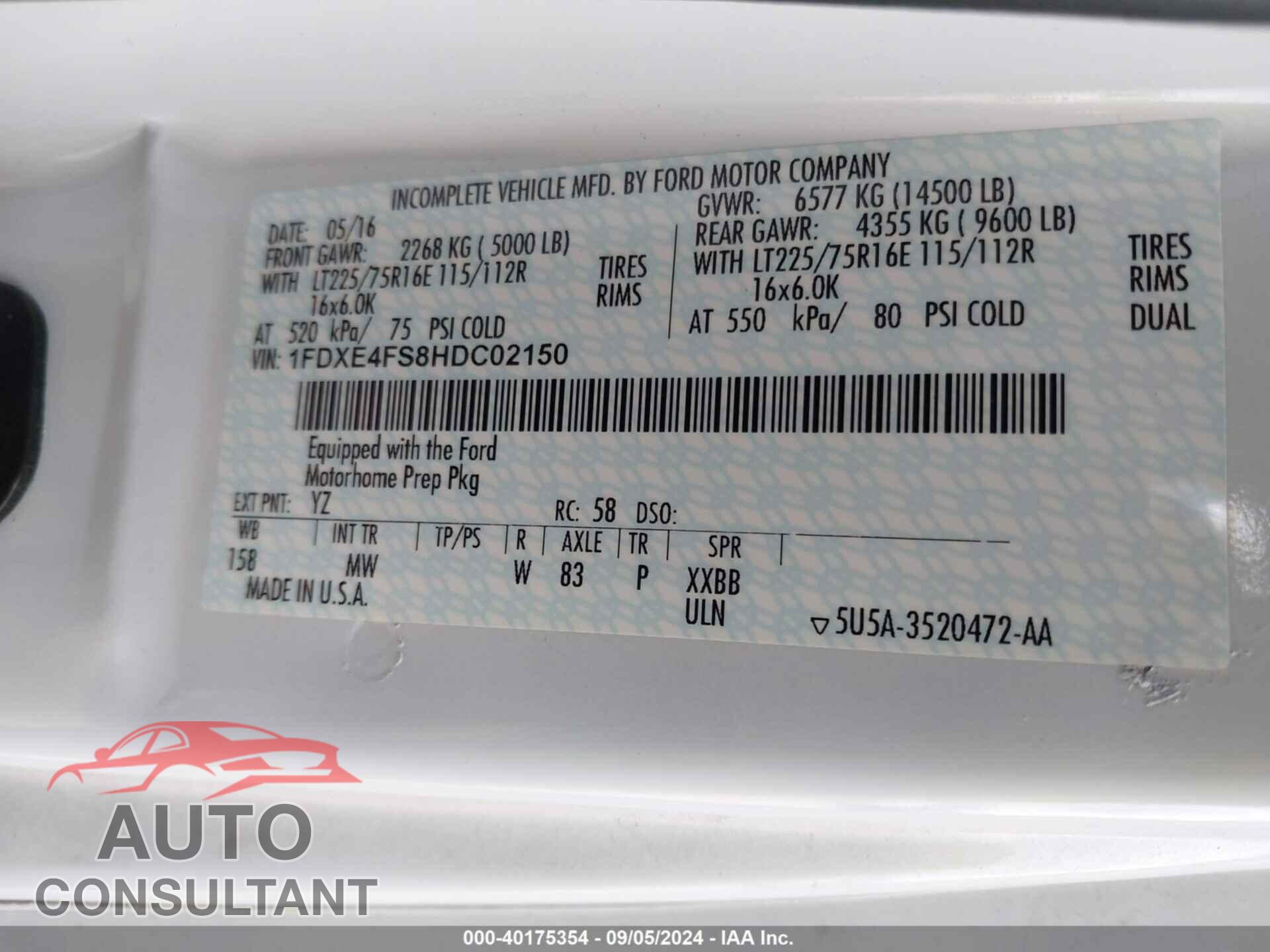 FORD E-450 CUTAWAY 2017 - 1FDXE4FS8HDC02150