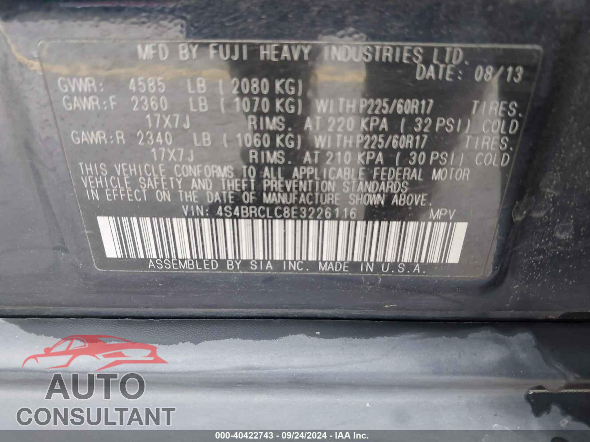 SUBARU OUTBACK 2014 - 4S4BRCLC8E3226116