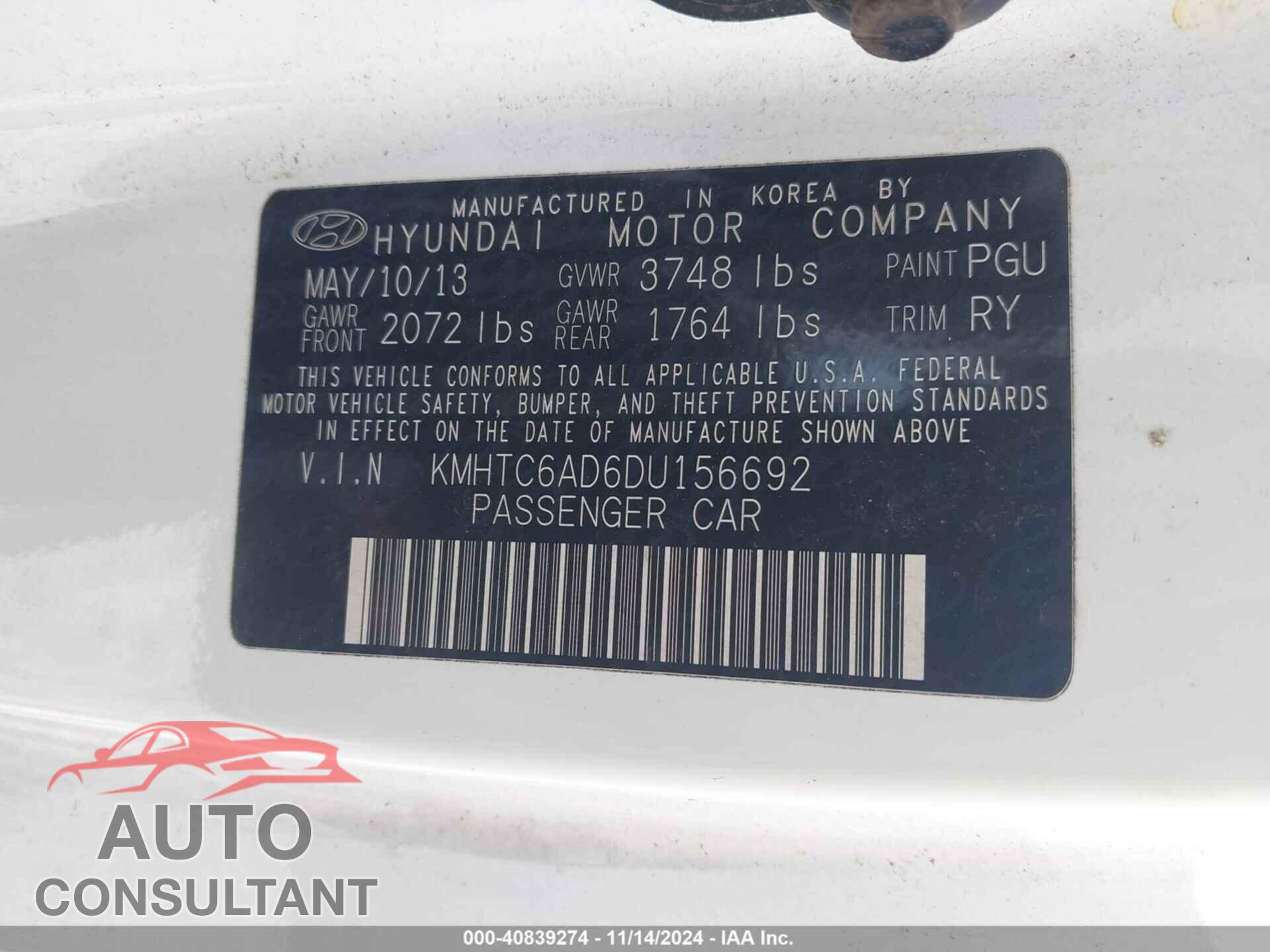HYUNDAI VELOSTER 2013 - KMHTC6AD6DU156692