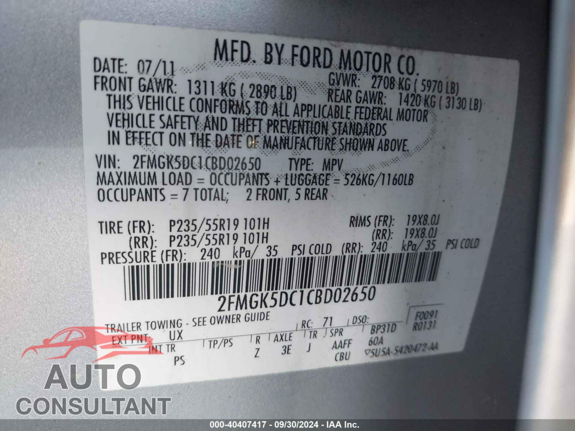 FORD FLEX 2012 - 2FMGK5DC1CBD02650