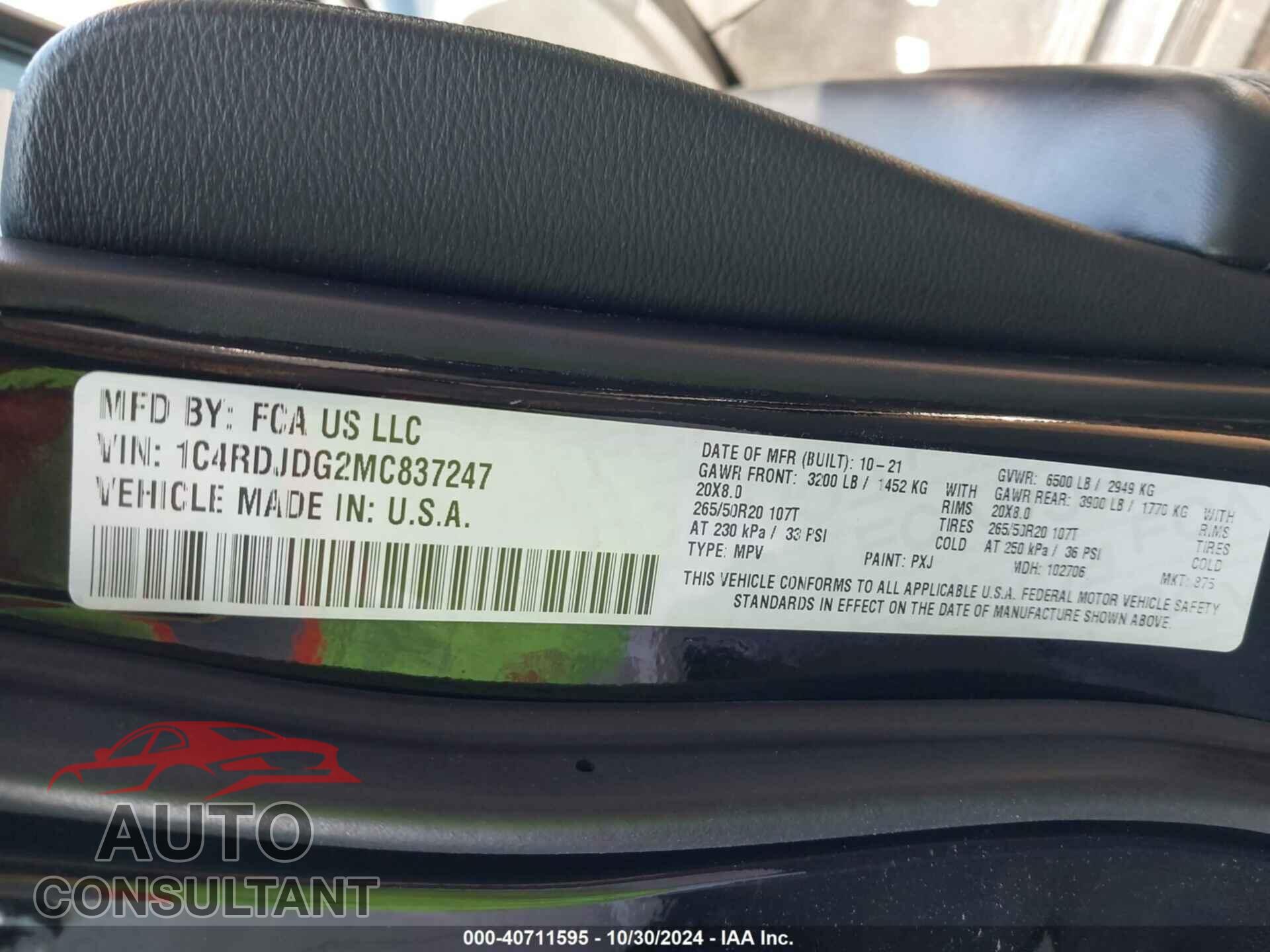 DODGE DURANGO 2021 - 1C4RDJDG2MC837247